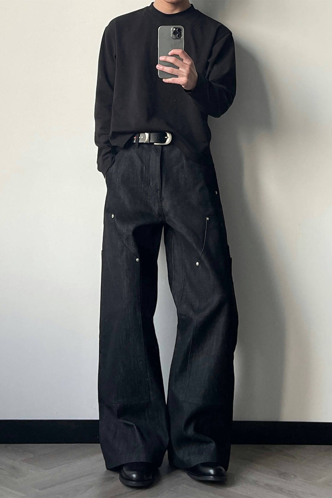 OKAYTHXBYE Paneled Double-Knee Wide-Leg Denim Pants-Jeans-S-Dark Blue-Free Shipping Leatheretro