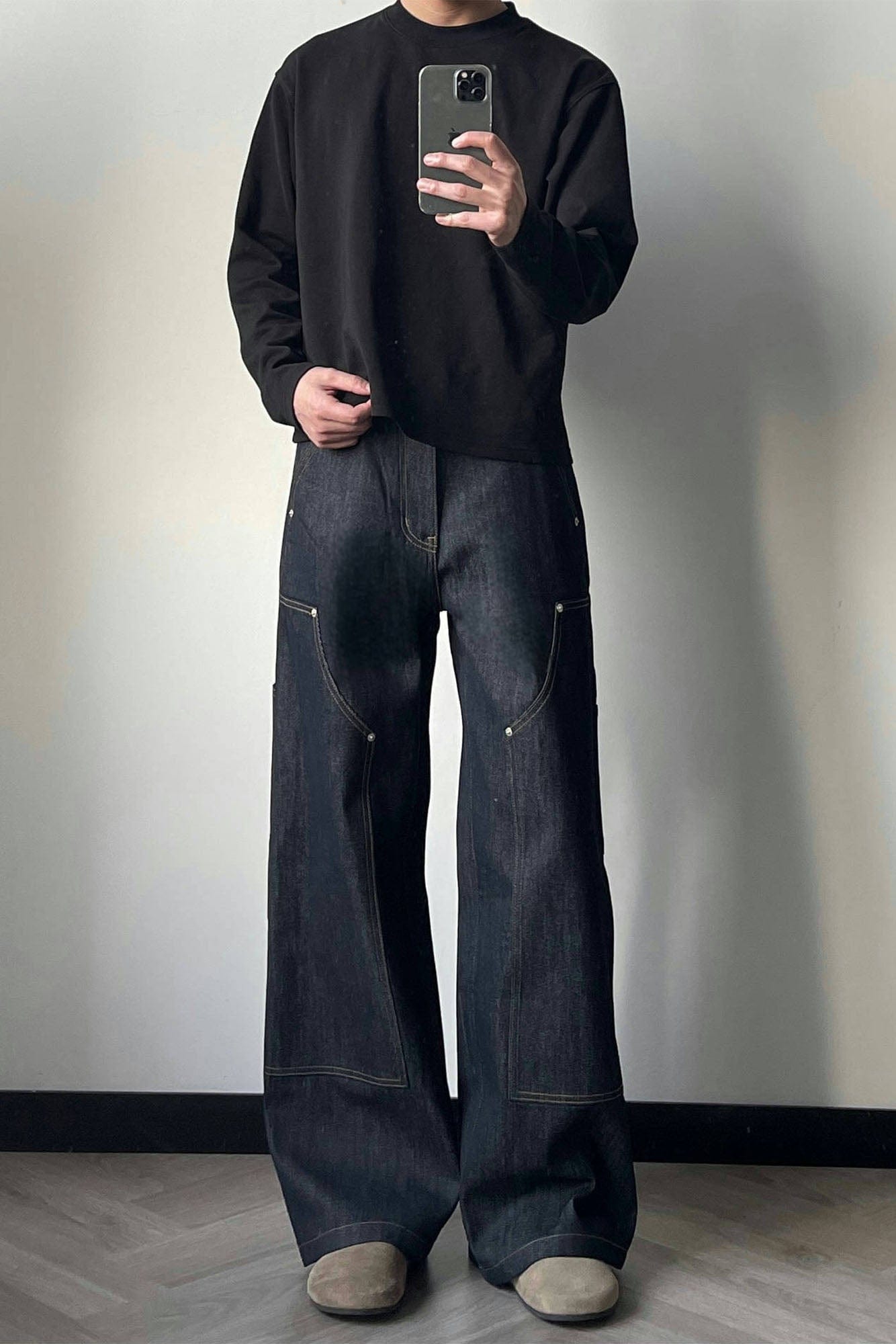 OKAYTHXBYE Paneled Double-Knee Wide-Leg Denim Pants-Jeans-S-Dark Blue-Free Shipping Leatheretro