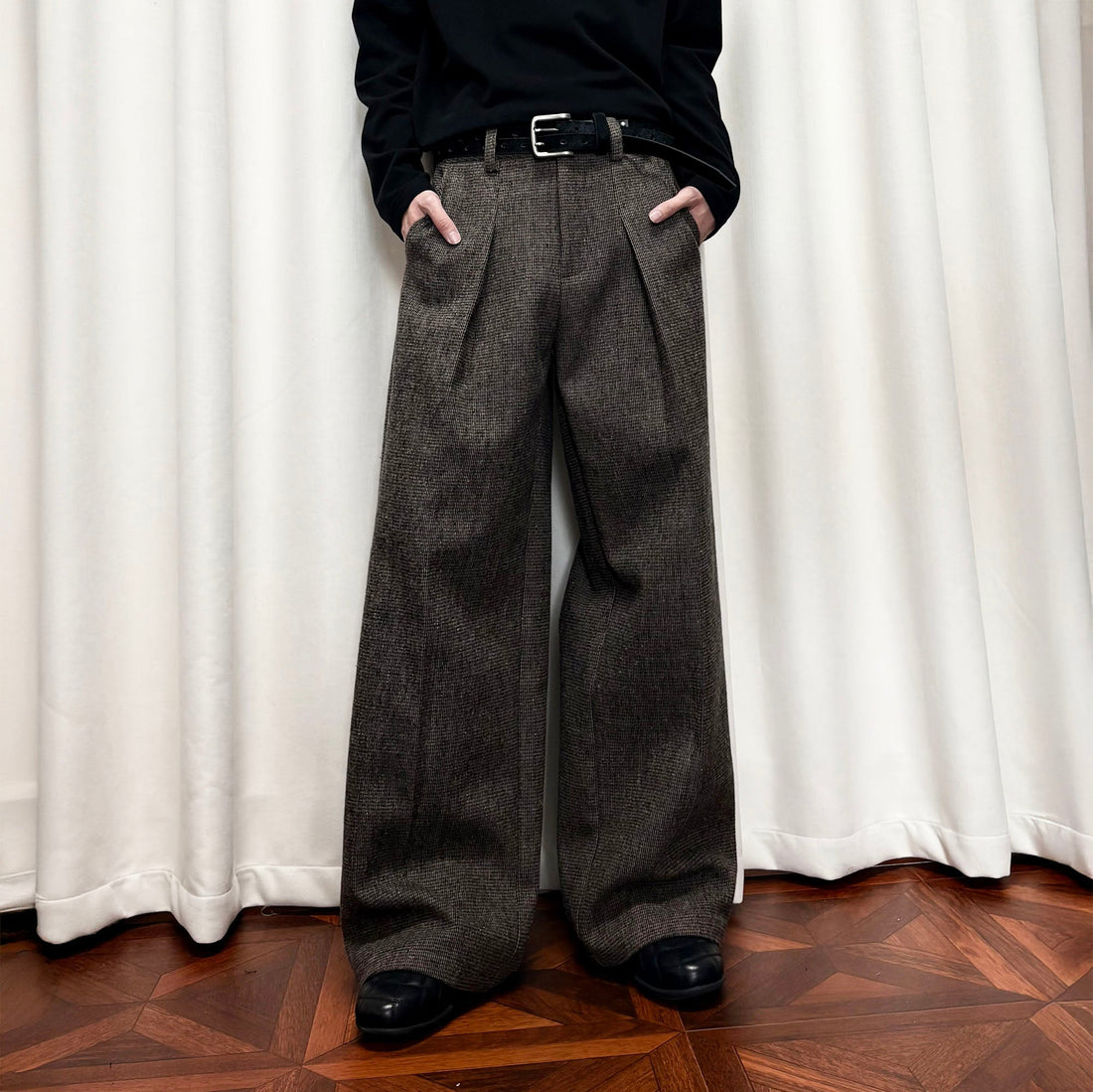 KREATE Mini Houndstooth Pleated Wide-Leg Trousers-Pants-S-Brown-Free Shipping Leatheretro