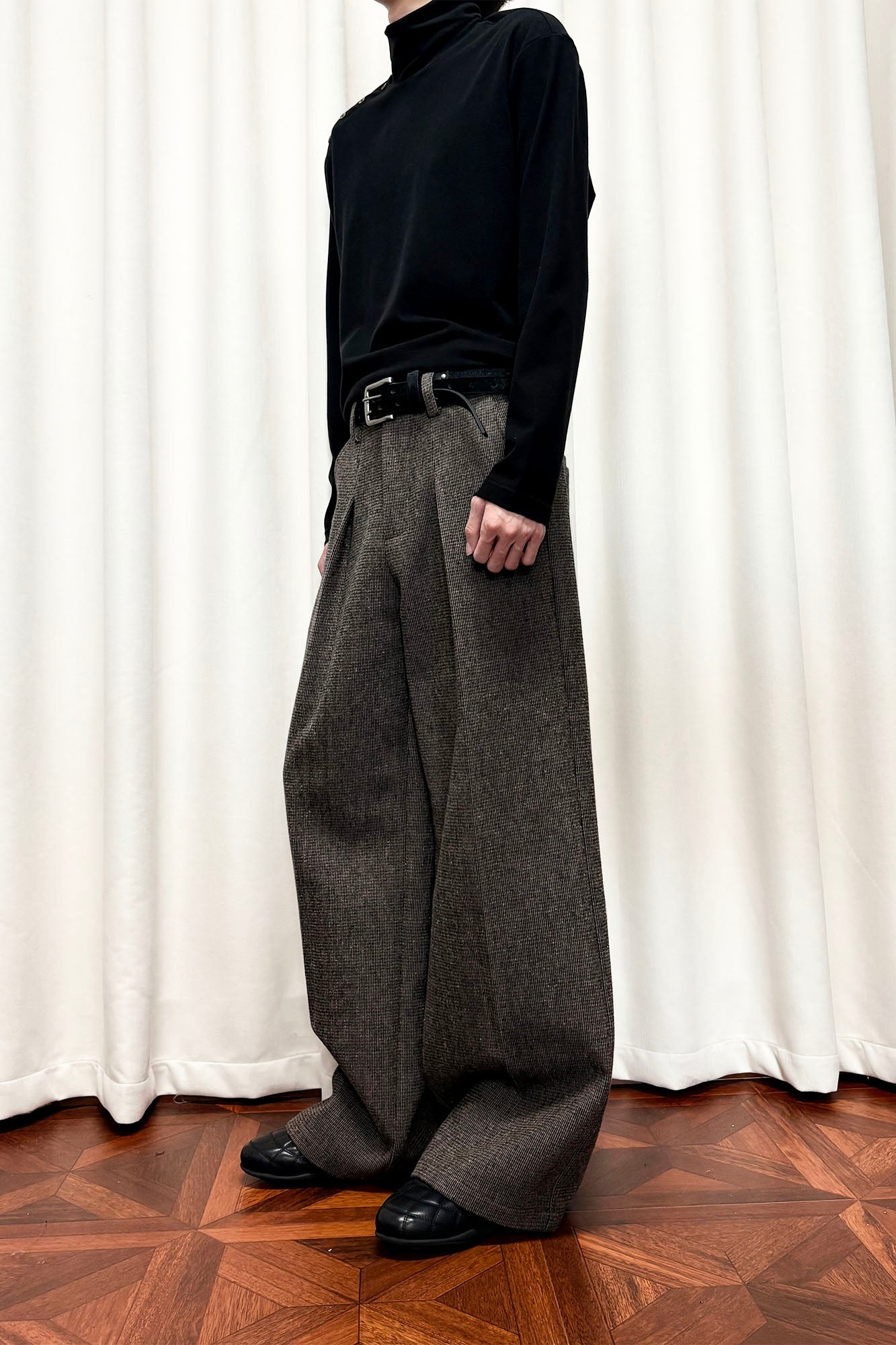 KREATE Mini Houndstooth Pleated Wide-Leg Trousers-Pants-S-Brown-Free Shipping Leatheretro