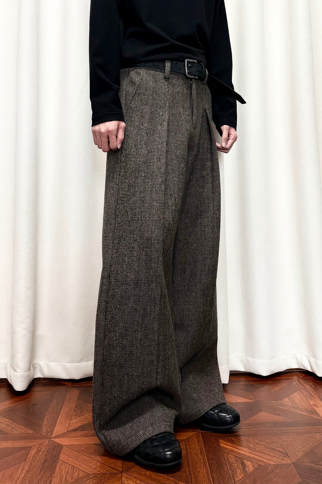 KREATE Mini Houndstooth Pleated Wide-Leg Trousers-Pants-S-Brown-Free Shipping Leatheretro