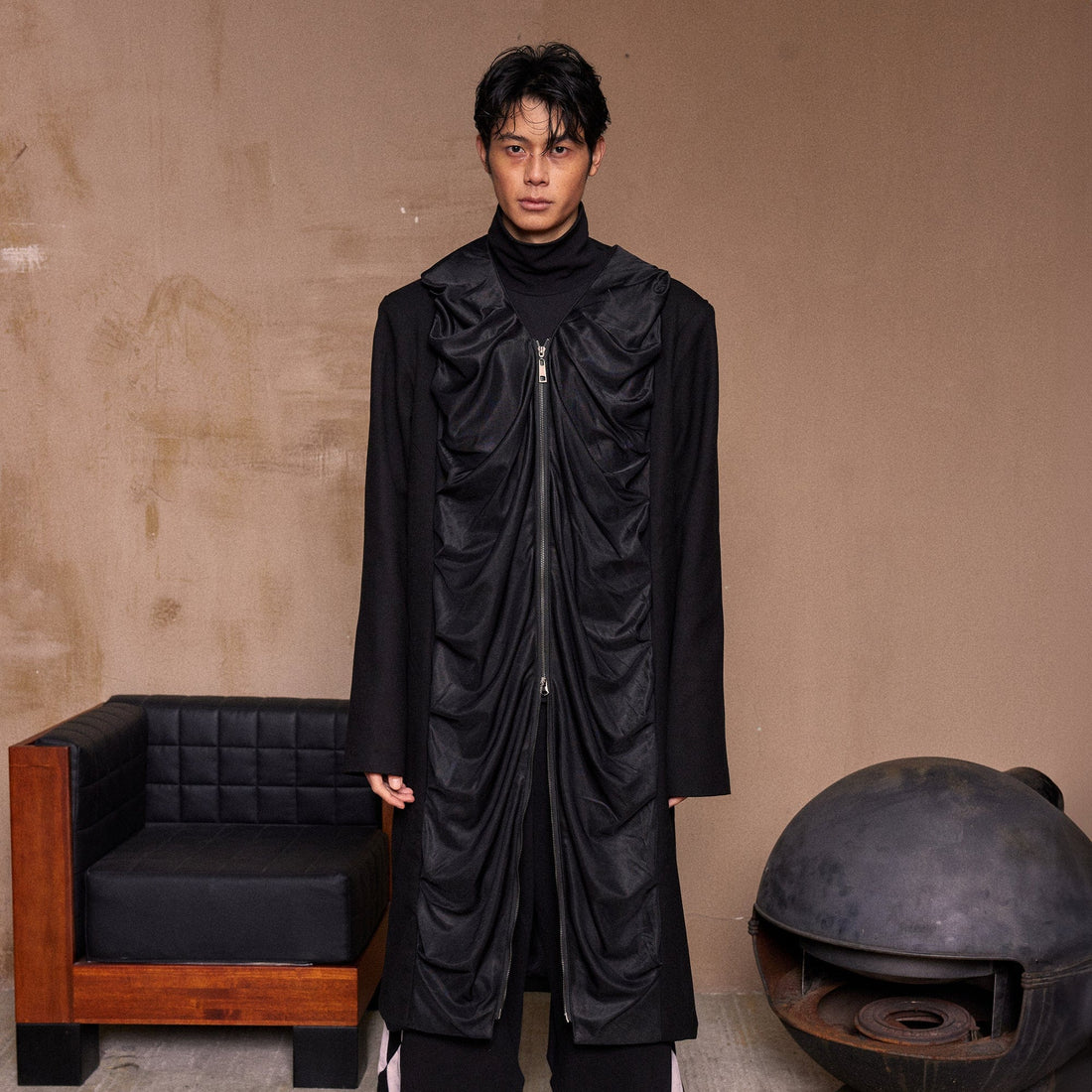 KADAKADA Crinkled Hooded Longline Trench Coat-Jacket-M-Free Shipping Leatheretro