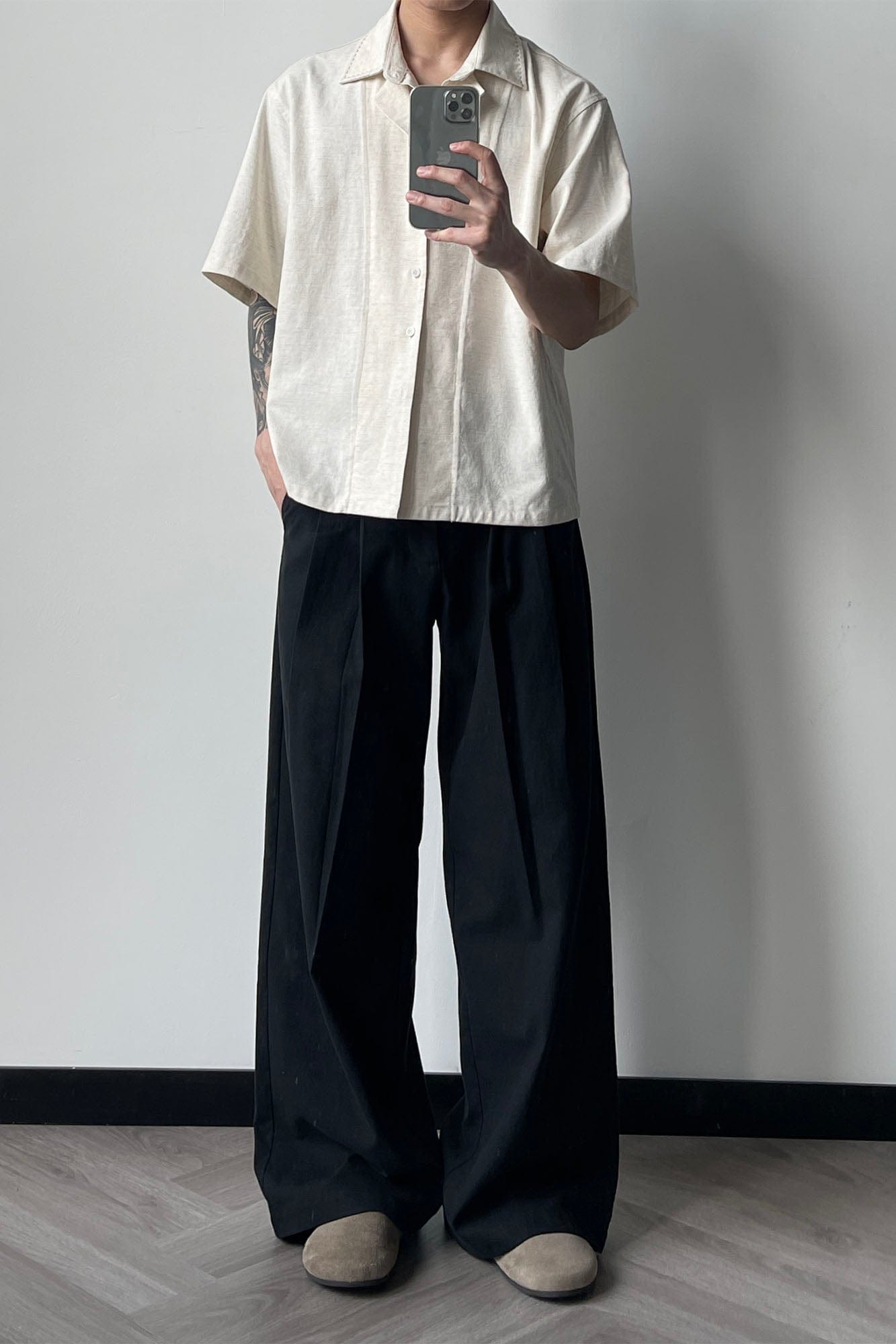 OKAYTHXBYE Pleated Linen-Blend Wide-Leg Trousers-Pants-S-White-Free Shipping Leatheretro