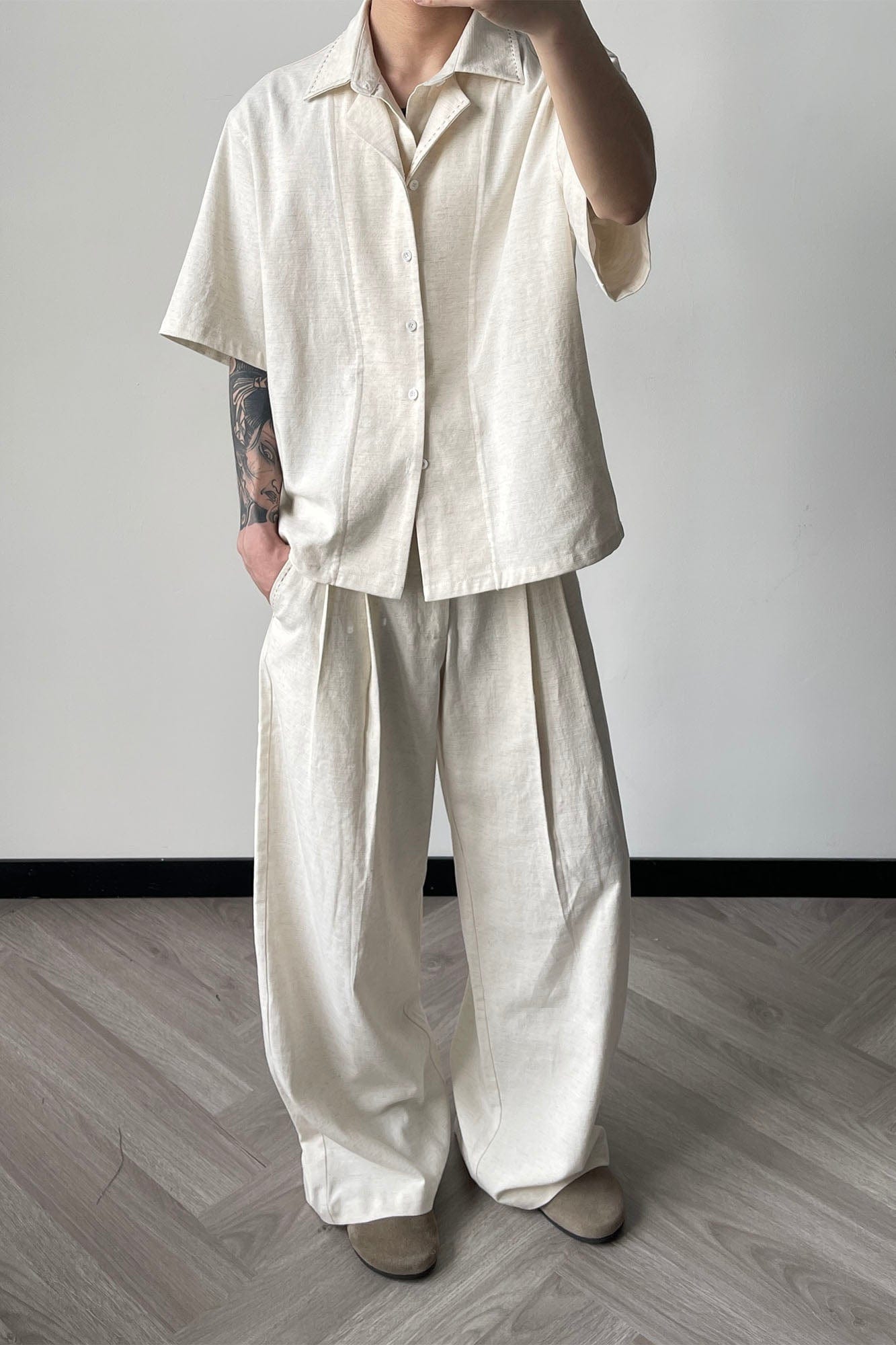 OKAYTHXBYE Faux-Layer Stitch Half Shirt-Half shirt-S-White-Free Shipping Leatheretro