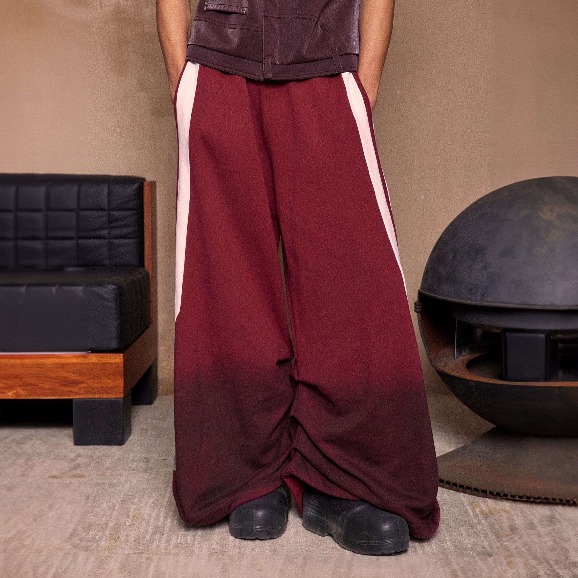 KADAKADA Distressed Three-Stripe Wide-Leg Track Pants-Pants-M-Red-Free Shipping Leatheretro