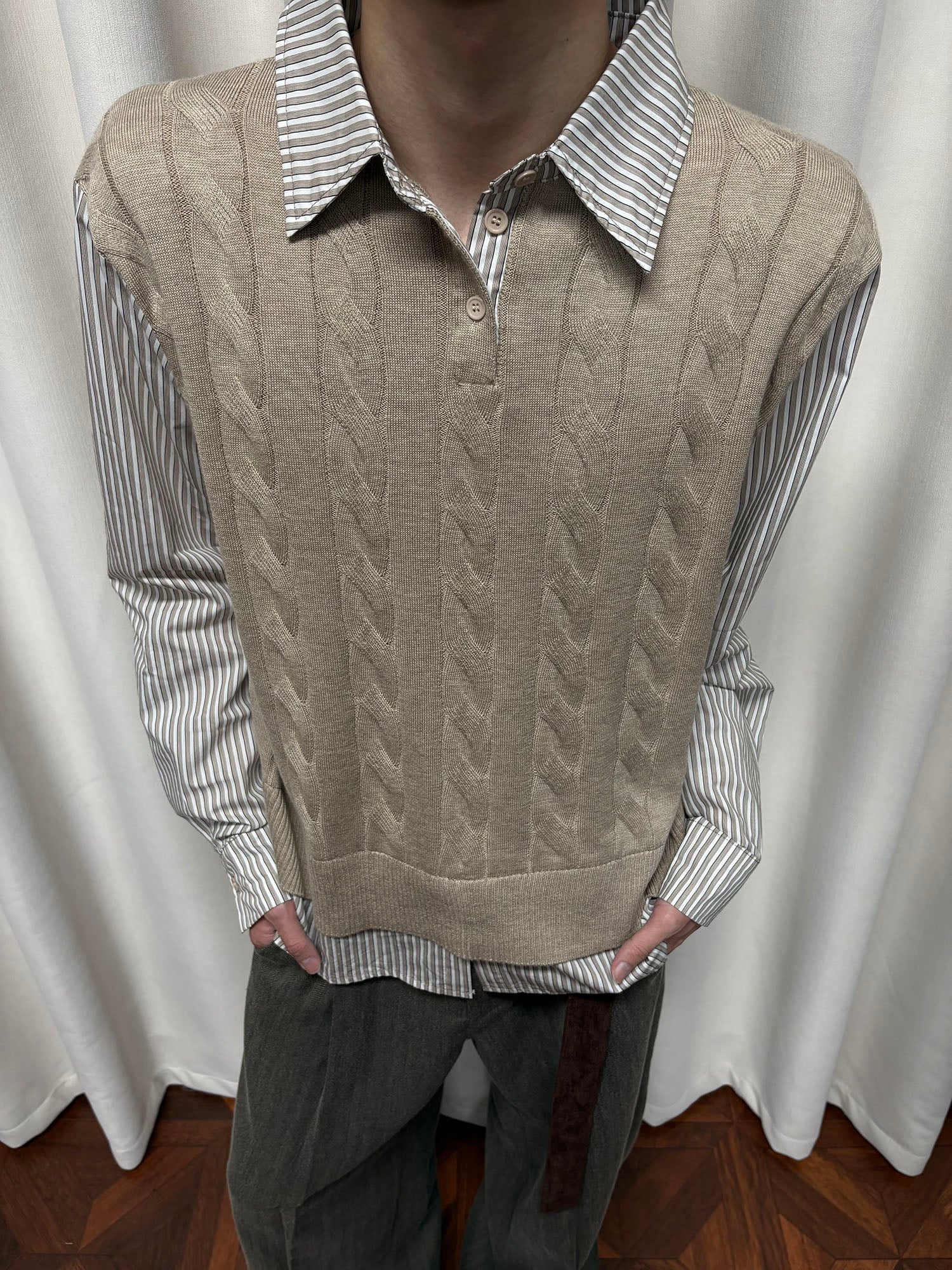 KREATE Cable Knit Vest-Layered Shirt-Shirt-S-Khaki-Free Shipping Leatheretro