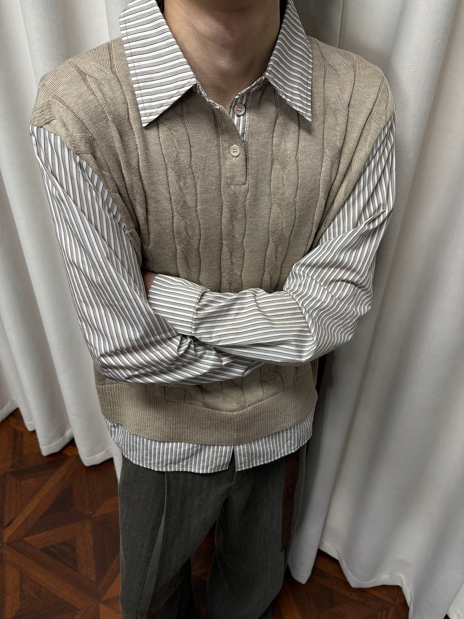 KREATE Cable Knit Vest-Layered Shirt-Shirt-S-Khaki-Free Shipping Leatheretro