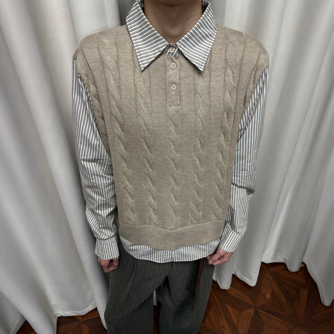 KREATE Cable Knit Vest-Layered Shirt-Shirt-S-Khaki-Free Shipping Leatheretro