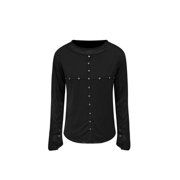 TH4SWE Layered-Collar Studded Henley Long-Sleeve Tee-L/S Tee-S-Free Shipping Leatheretro