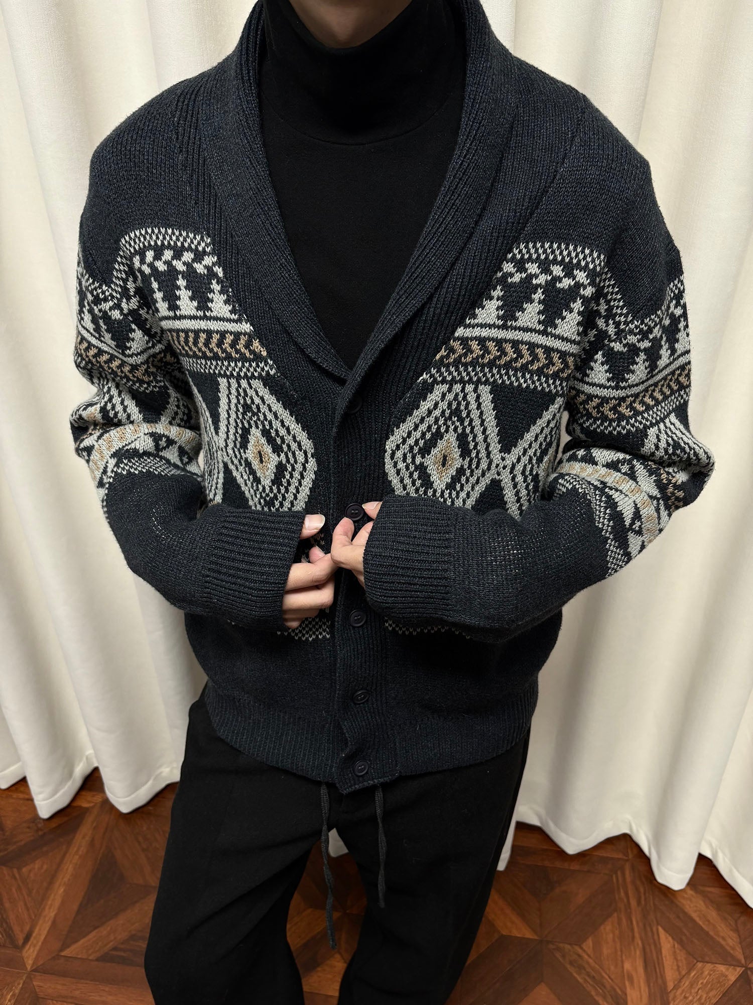 KREATE Fair Isle Shawl Collar Cardigan-Jacket-S (Preorder)-Gray-Free Shipping Leatheretro