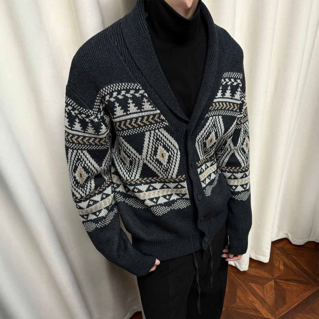 KREATE Fair Isle Shawl Collar Cardigan-Jacket-S (Preorder)-Gray-Free Shipping Leatheretro