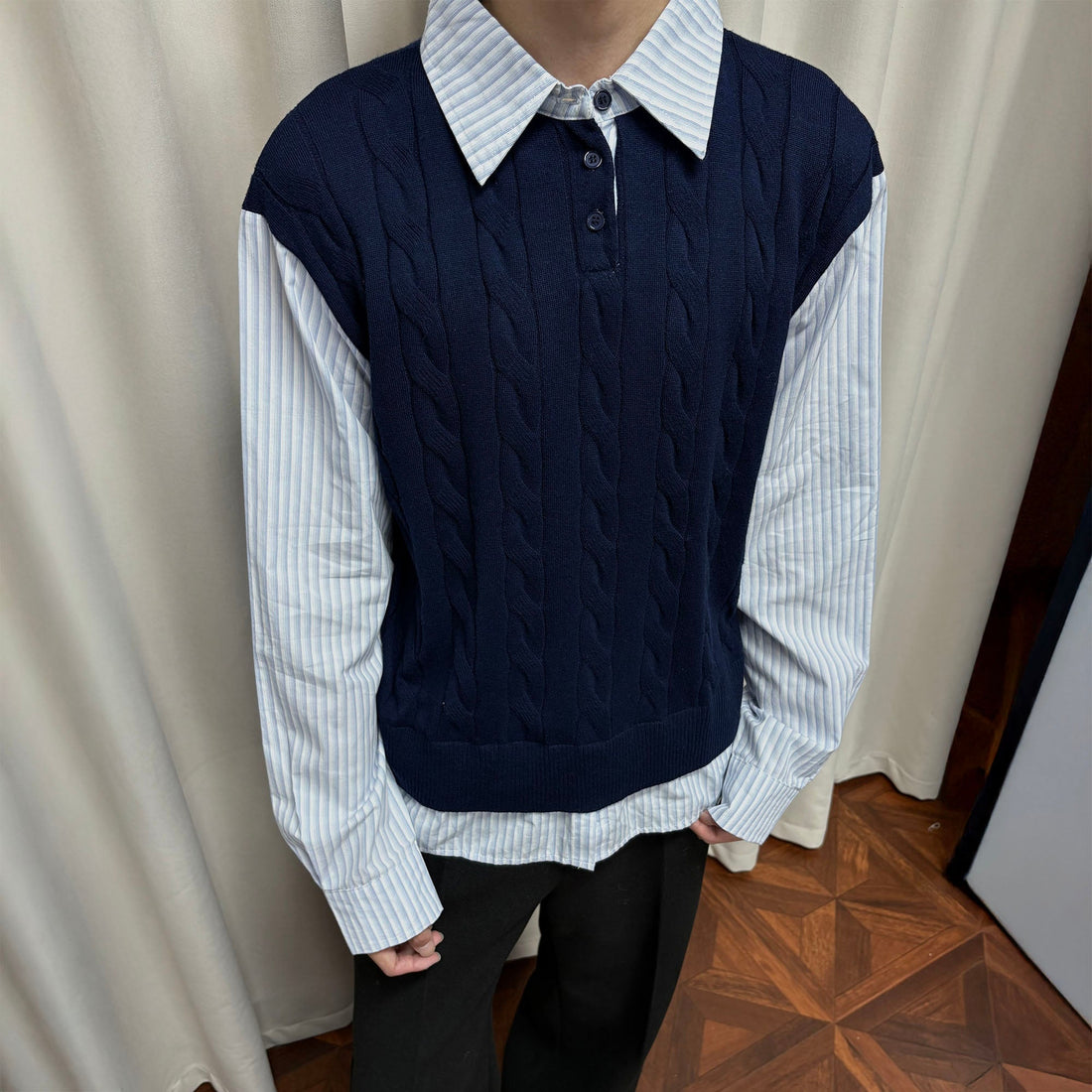 KREATE Cable Knit Vest-Layered Shirt-Shirt-S-Khaki-Free Shipping Leatheretro