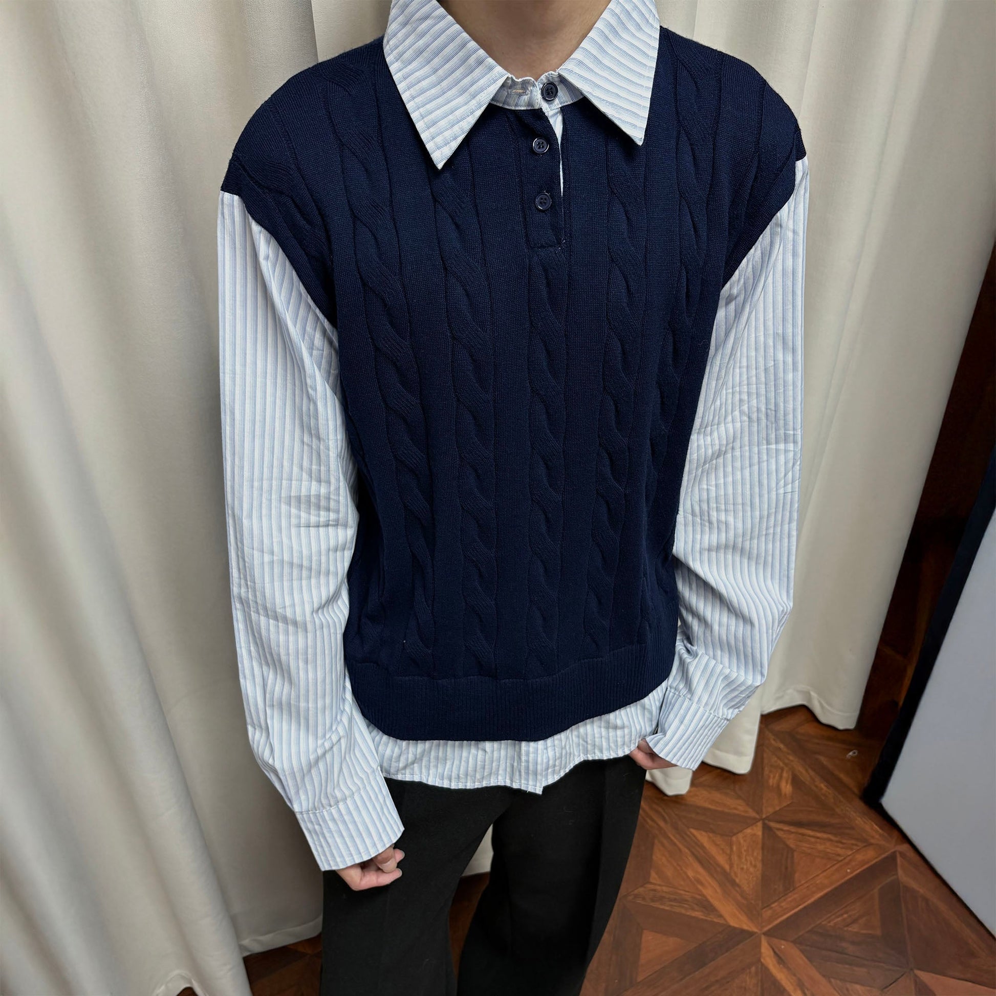 KREATE Cable Knit Vest-Layered Shirt-Shirt-S-Khaki-Free Shipping Leatheretro