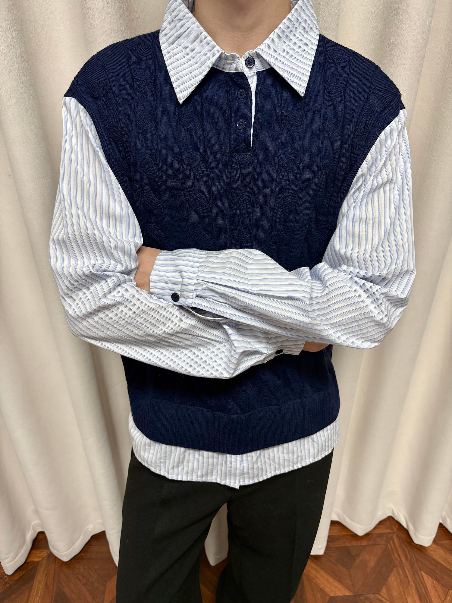 KREATE Cable Knit Vest-Layered Shirt-Shirt-S-Khaki-Free Shipping Leatheretro