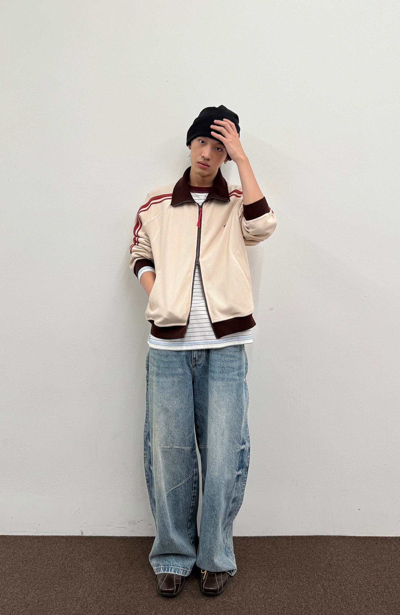 ROARINGWILD A ARCH Retro Stripe Raglan Track Jacket-Jacket-XS-Black-Free Shipping Leatheretro