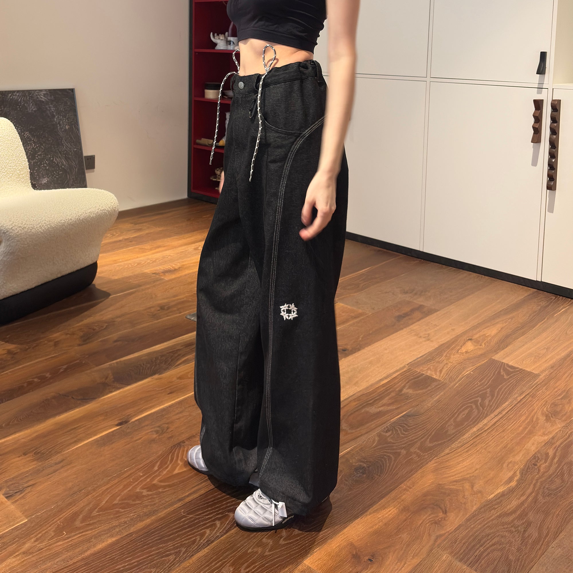 MIICHOUS Drawstring Embroidered Raw Denim-Pants-S-Free Shipping Leatheretro