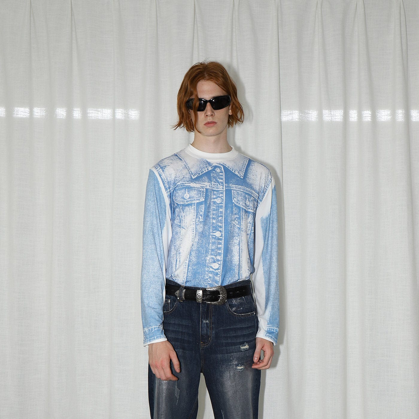 LEONSENSE Denim Print L/S T-Shirt-L/S Tee-S-Free Shipping Leatheretro