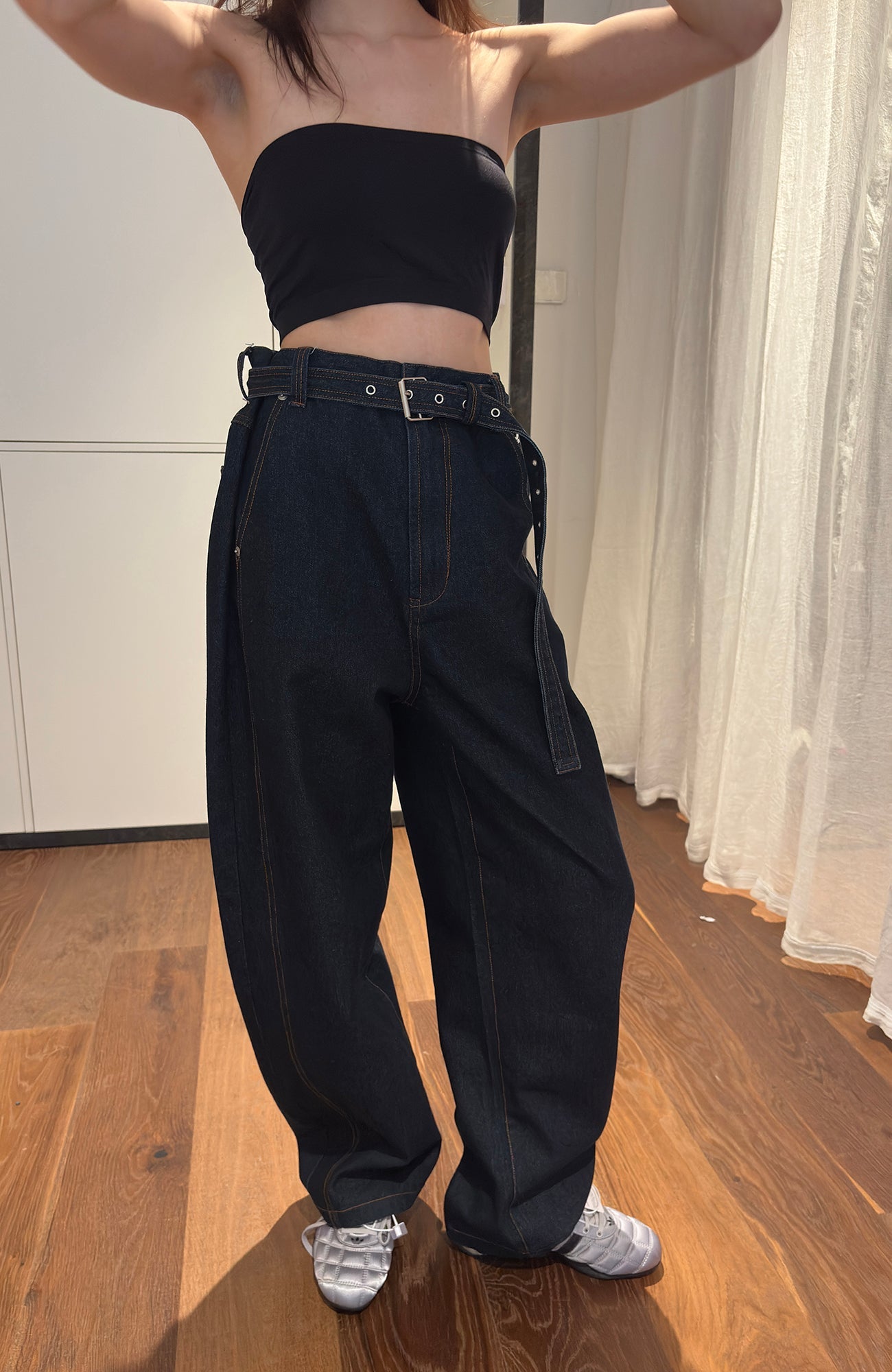 MIICHOUS Belted Curved-Leg Embroidered Raw Denim-Pants-S-Free Shipping Leatheretro