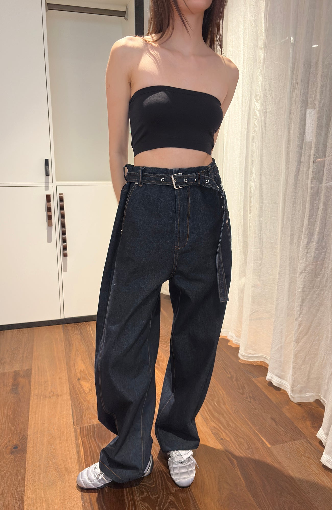 MIICHOUS Belted Curved-Leg Embroidered Raw Denim-Pants-S-Free Shipping Leatheretro