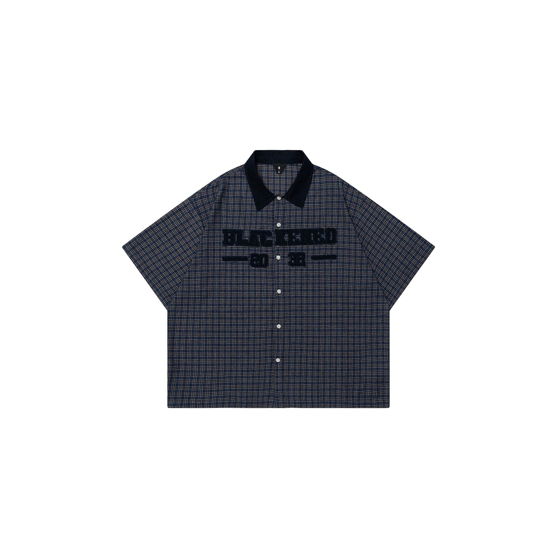 OVDY Raw-Edge Patchwork Graphic Plaid Half Shirt-Half shirt-Blue-S-Free Shipping Leatheretro