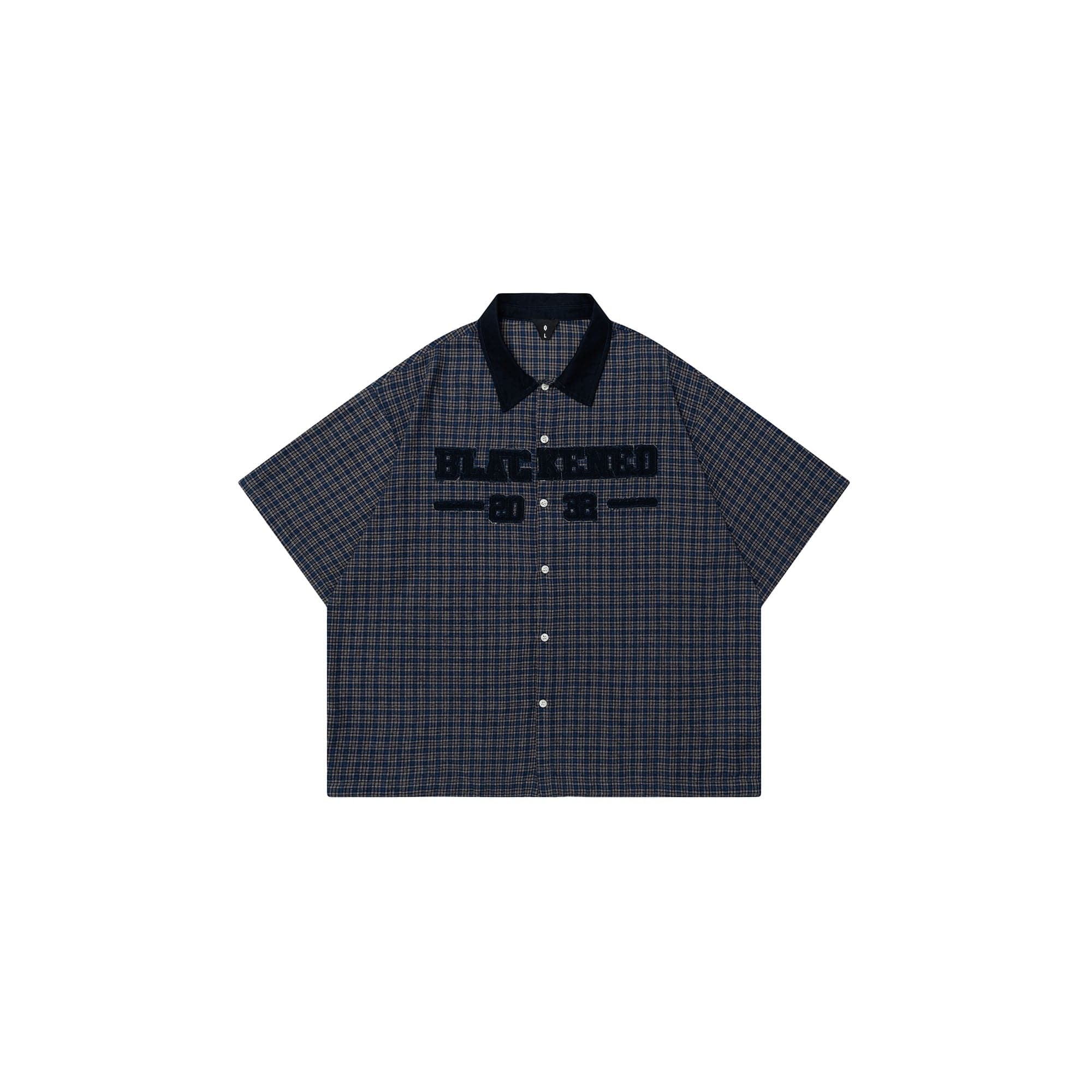 OVDY Raw-Edge Patchwork Graphic Plaid Half Shirt-Half shirt-Blue-S-Free Shipping Leatheretro