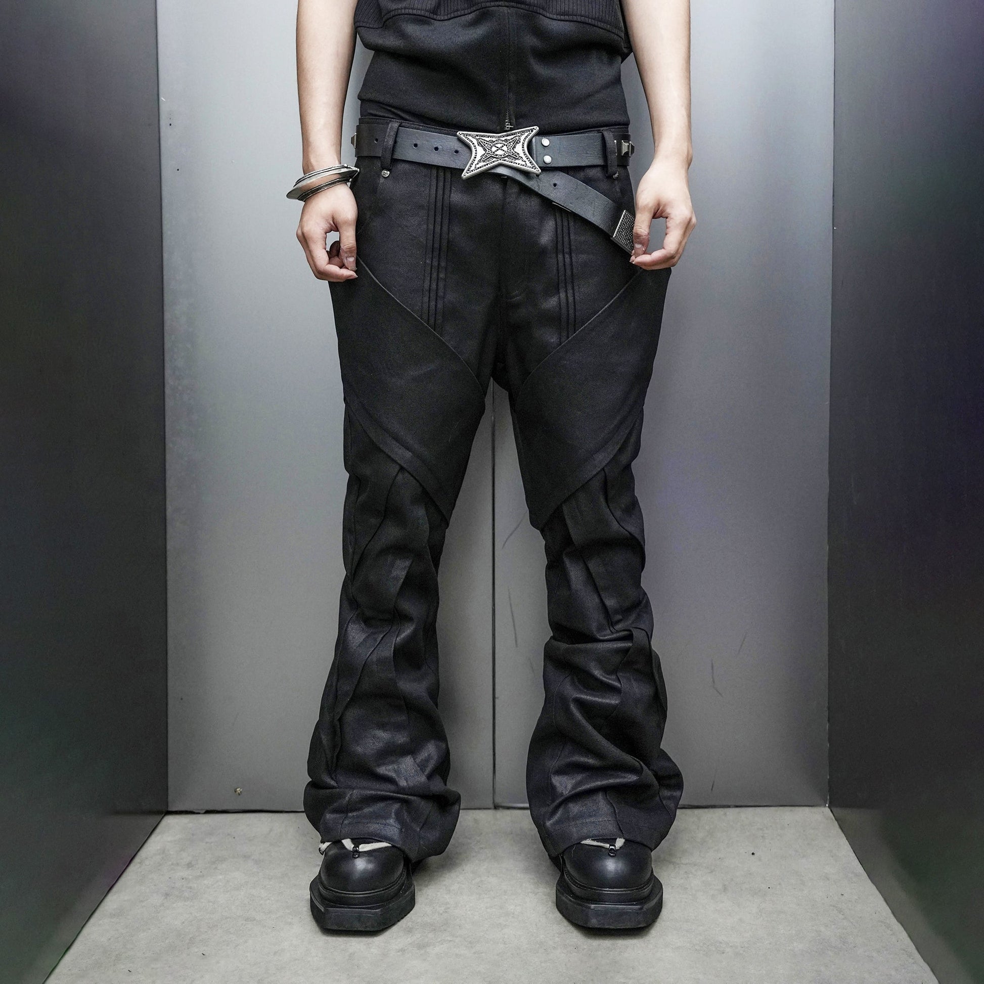 SSIN7 Wing Pocket Waxed Flared Jeans-Jeans-S / 31"-Free Shipping Leatheretro