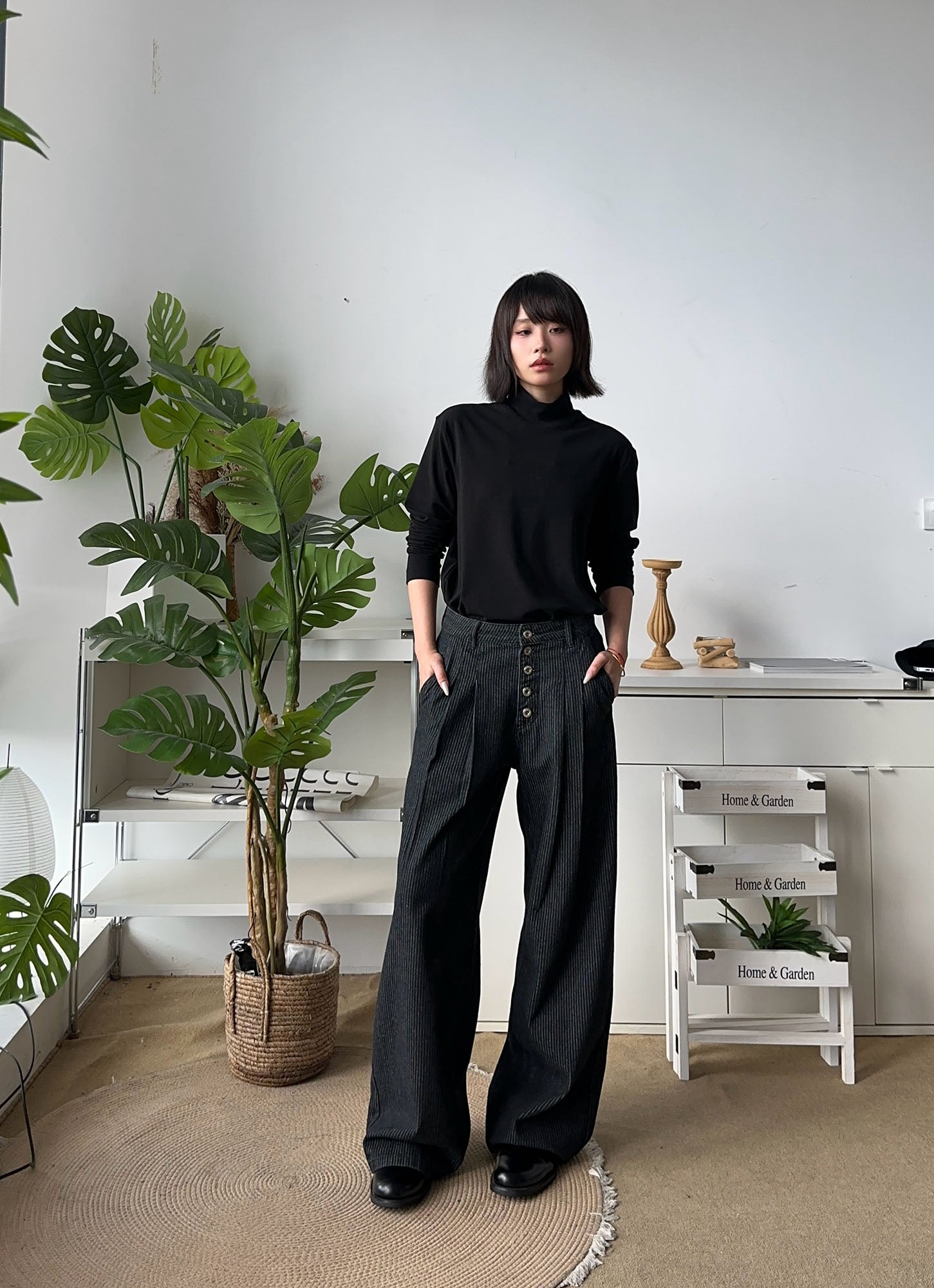 OKAYTHXBYE Classic Pleated Wide-Leg Jeans-Jeans-S-Black-Free Shipping Leatheretro