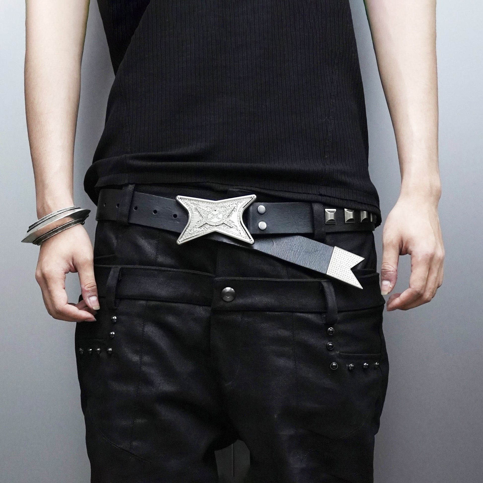 SSIN7 Star Buckle Studded Leather Belt-Accessories-One Size-Silver Buckle-Free Shipping Leatheretro