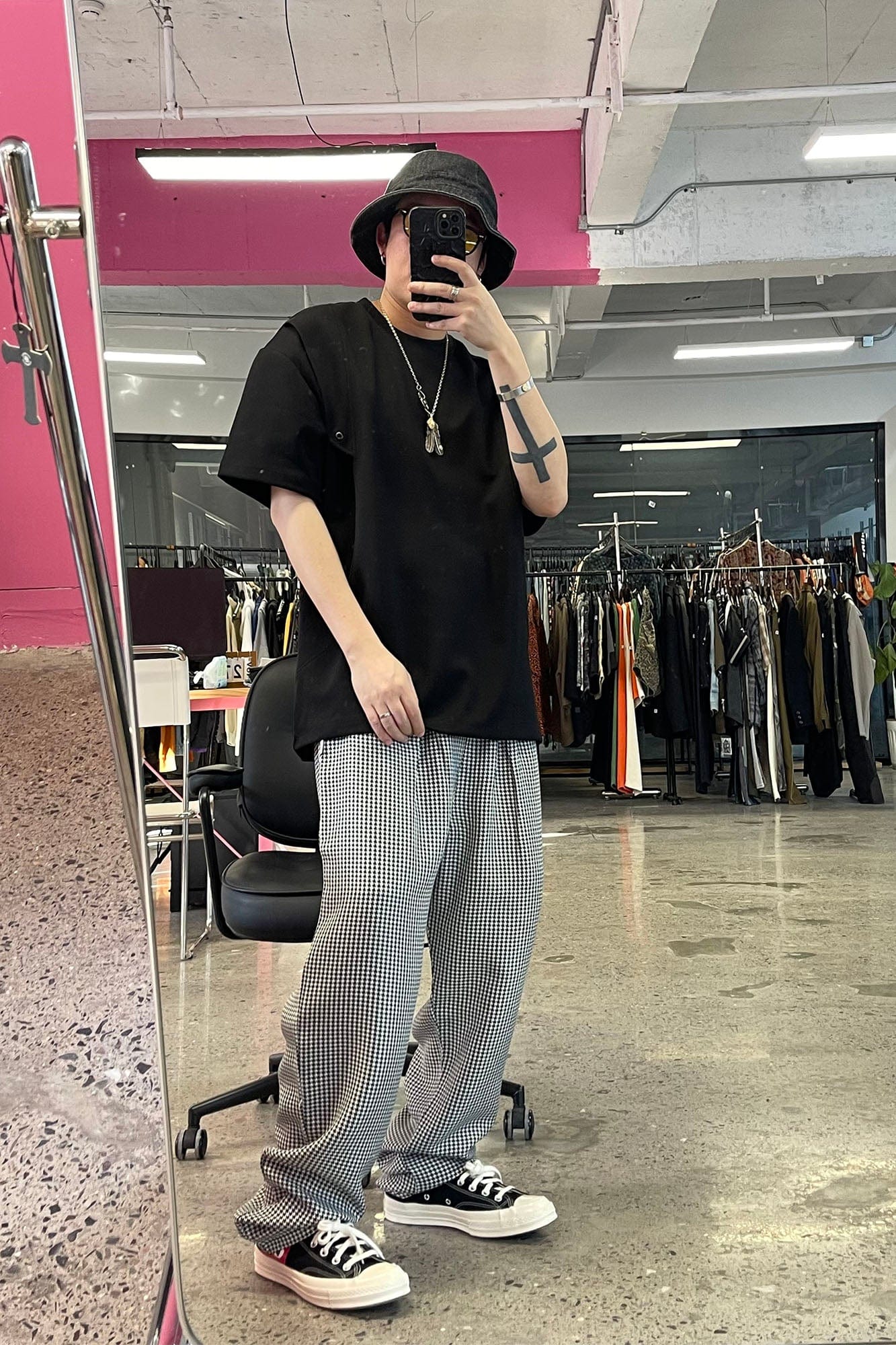 ME DA IGUAL Elastic Waist Houndstooth Tapered Trousers-Pants-M-Free Shipping Leatheretro