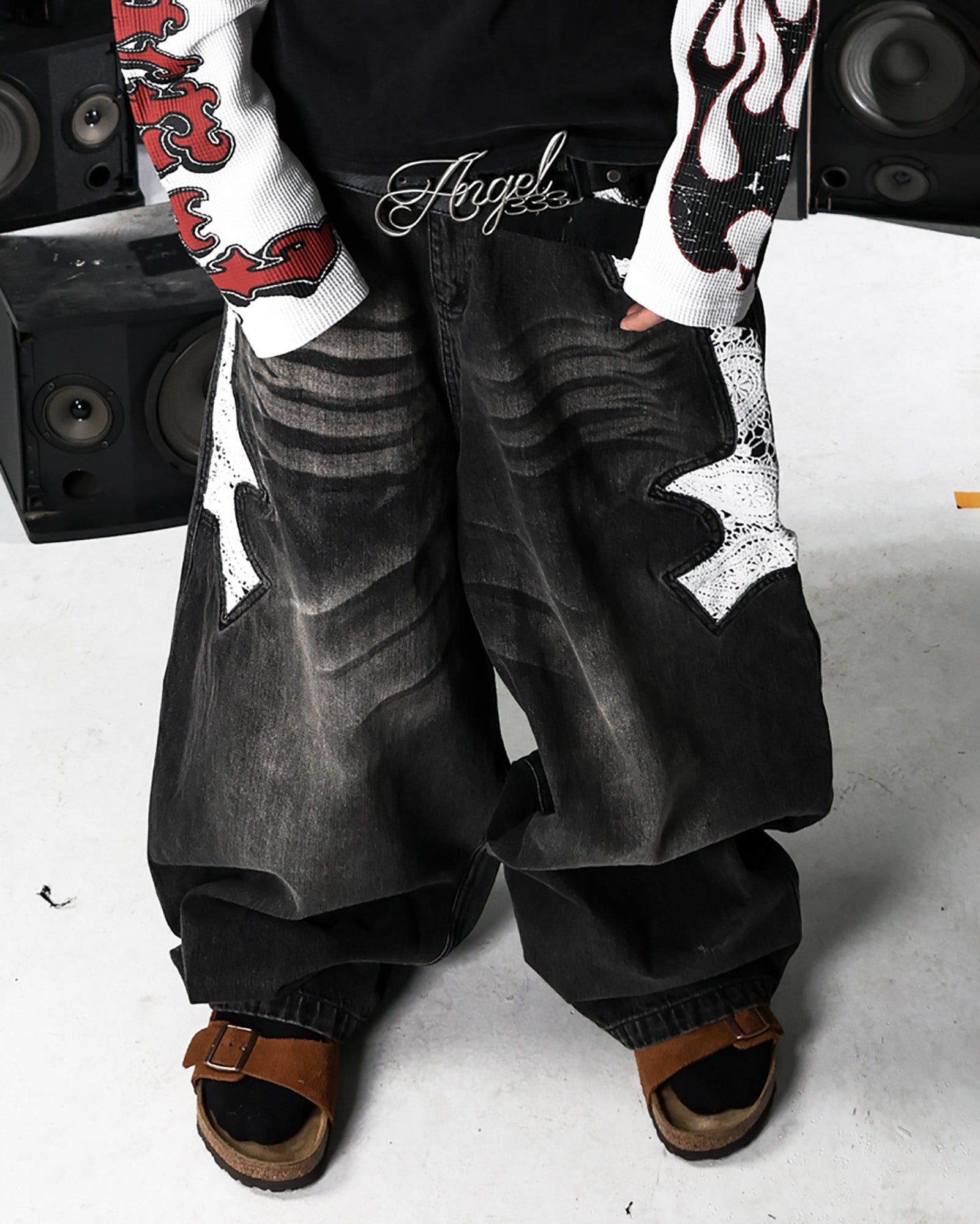 PCCVISION Lace Spliced Washed Wide-Leg Jeans-Jeans-S-Black-Free Shipping Leatheretro