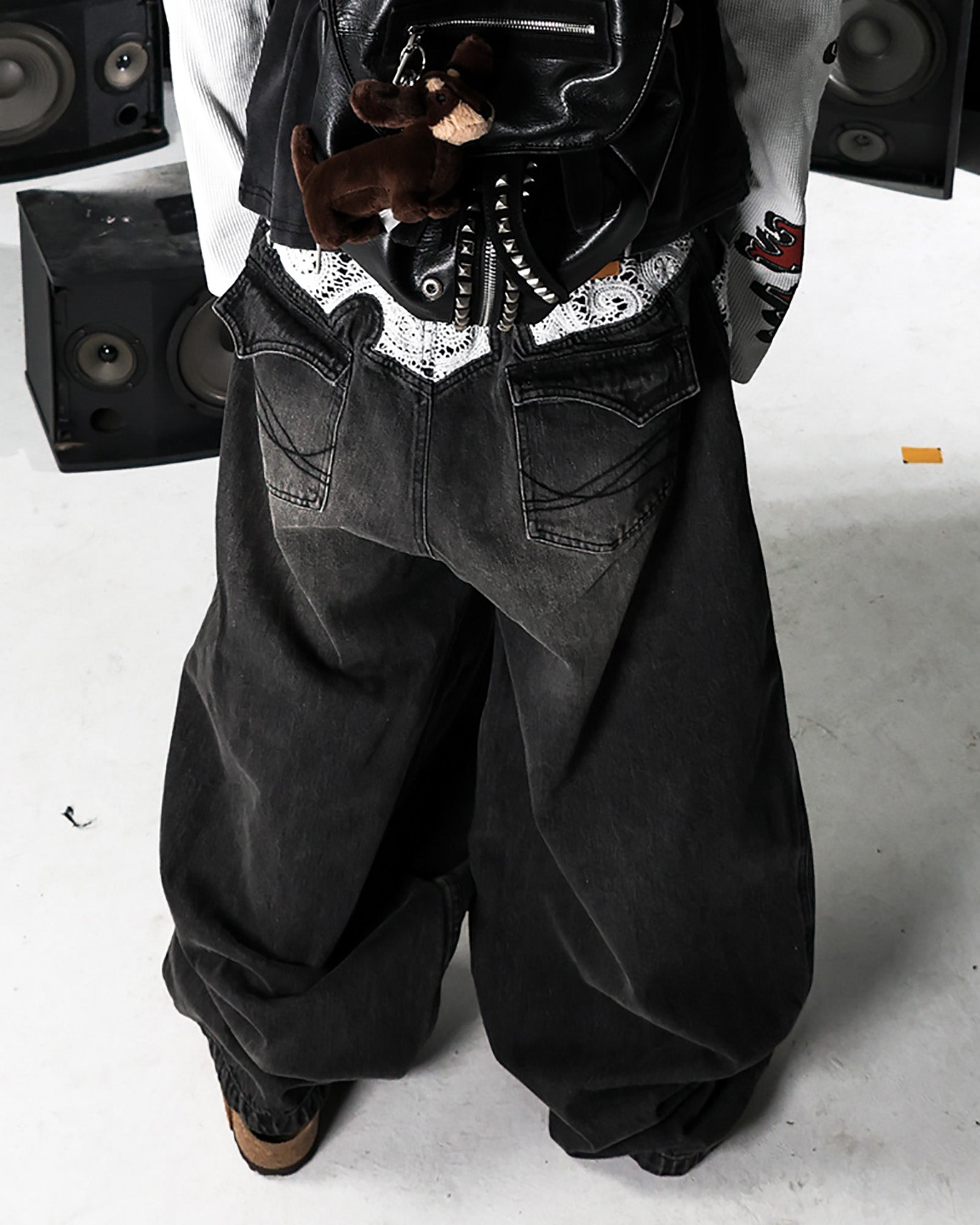 PCCVISION Lace Spliced Washed Wide-Leg Jeans-Jeans-S-Black-Free Shipping Leatheretro