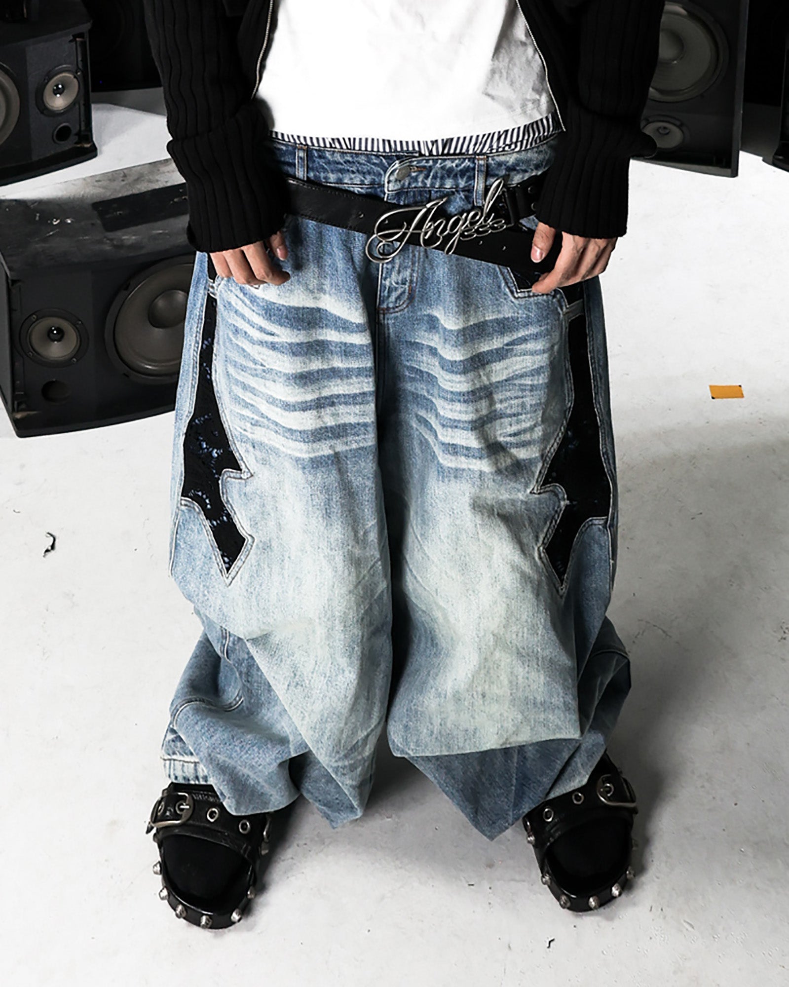 PCCVISION Lace Spliced Washed Wide-Leg Jeans-Jeans-S-Black-Free Shipping Leatheretro