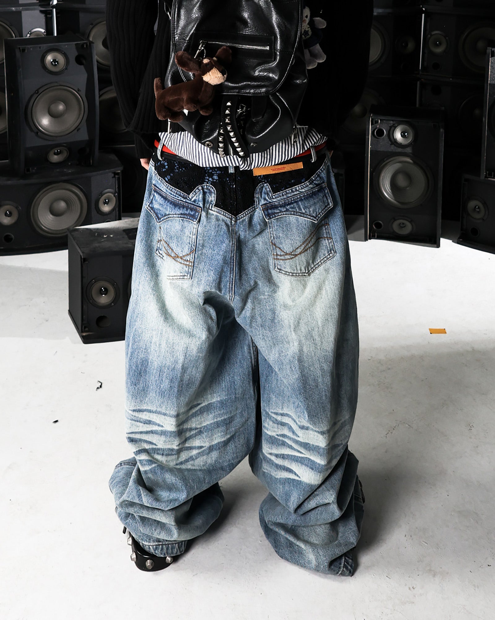 PCCVISION Lace Spliced Washed Wide-Leg Jeans-Jeans-S-Black-Free Shipping Leatheretro