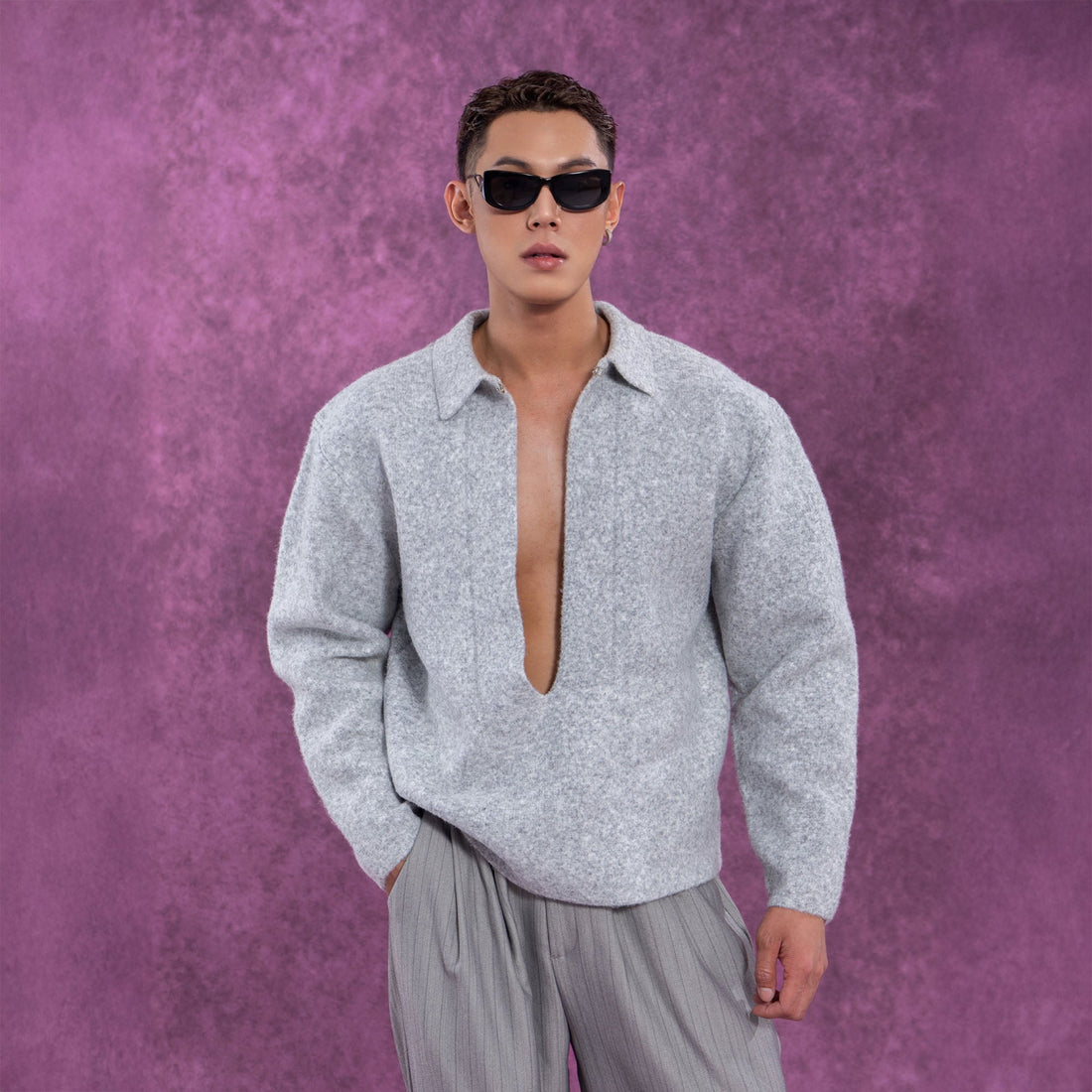 CLP Deep-V Oversized Wool-Blend Pullover-Sweatshirt-M-Gray-Free Shipping Leatheretro