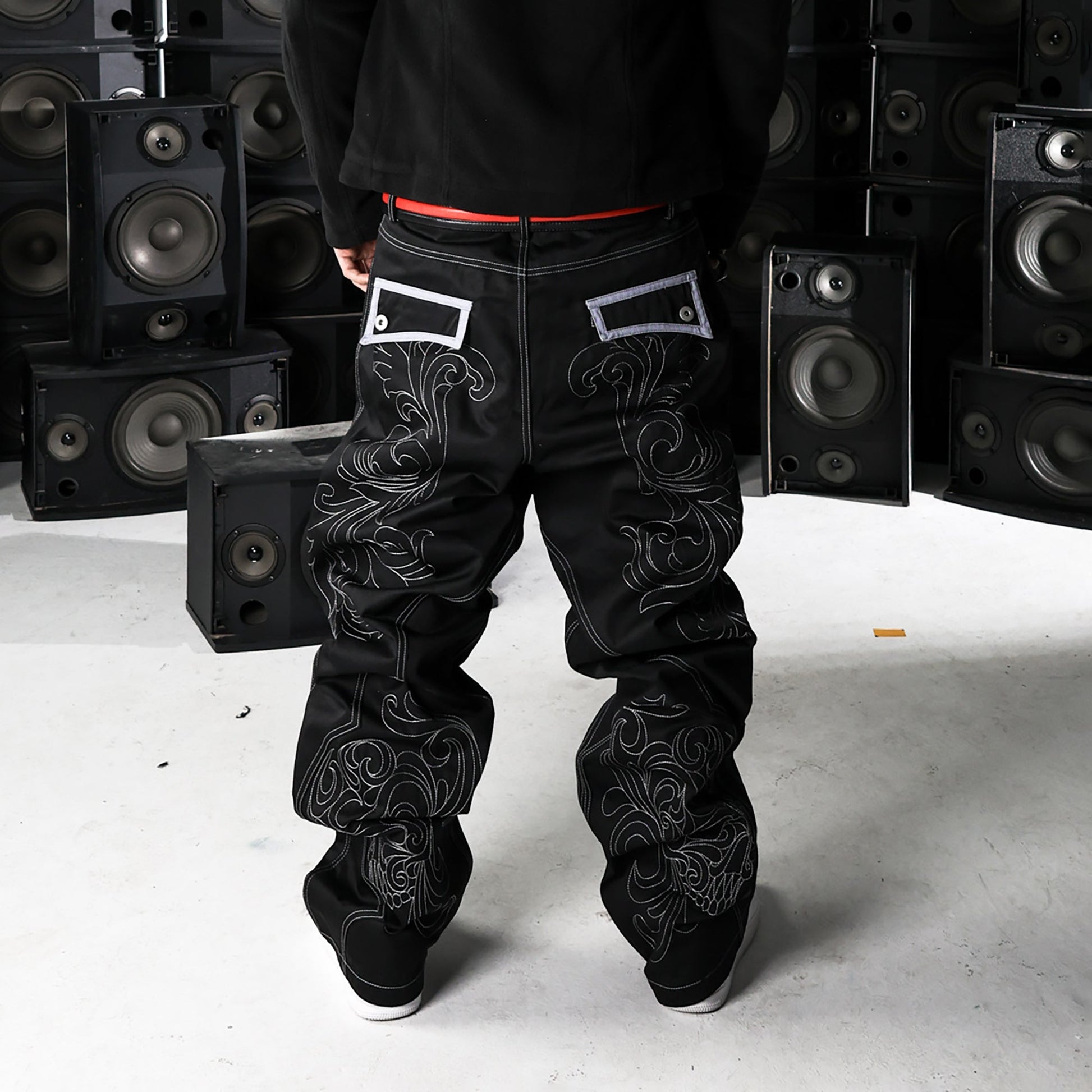 PCCVISION Skull Contrast-Stitch Embroidered Pants-Pants-S-Free Shipping Leatheretro