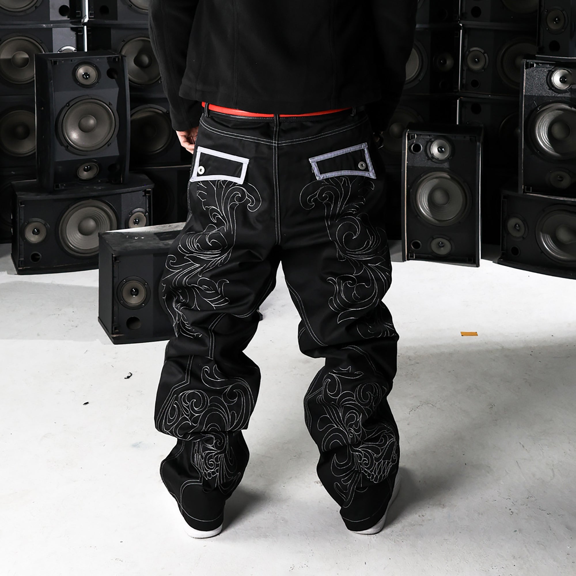 PCCVISION Skull Contrast-Stitch Embroidered Pants-Pants-S-Free Shipping Leatheretro