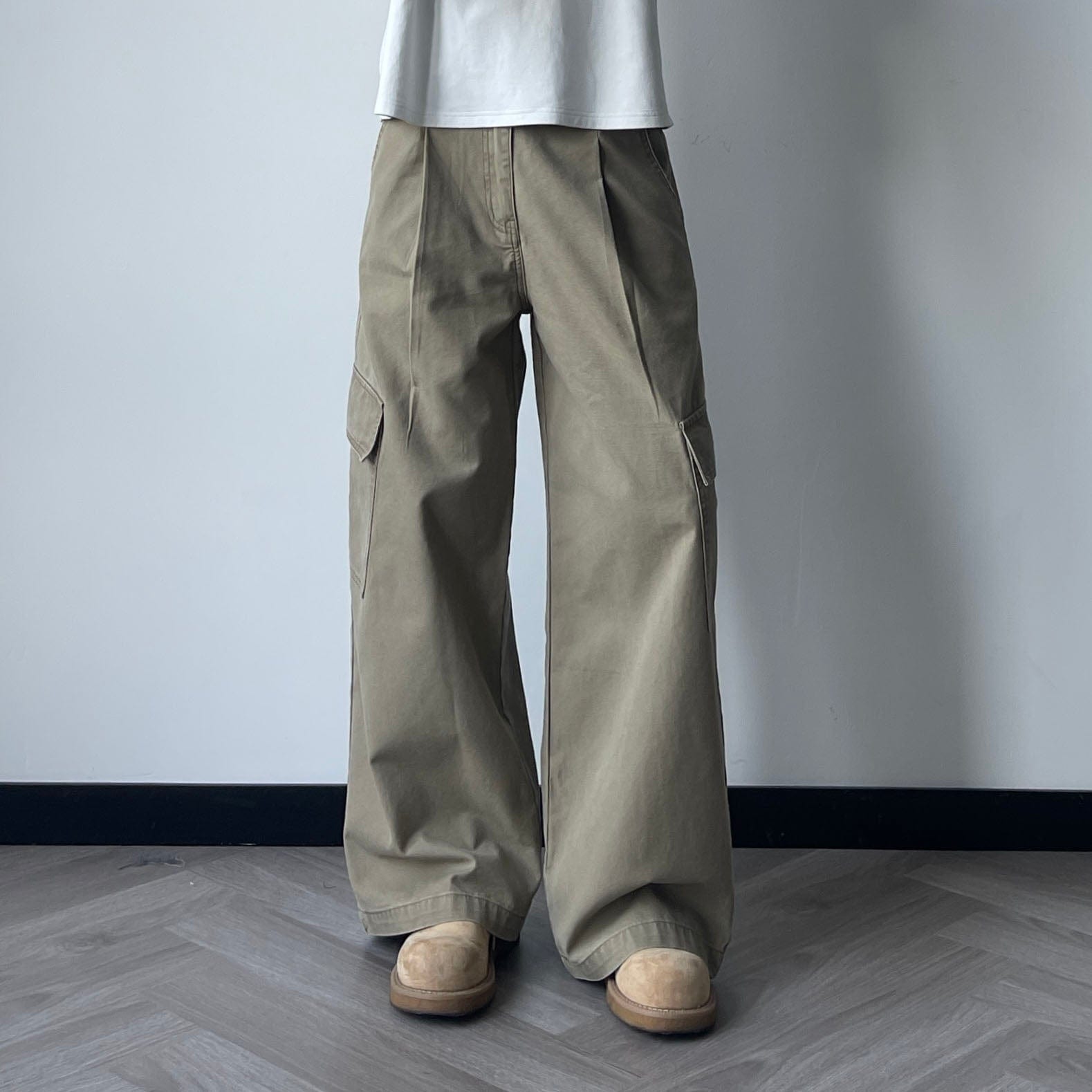OKAYTHXBYE Pleated Utility Baggy Cargo Pants-Pants-Khaki-S-Free Shipping Leatheretro