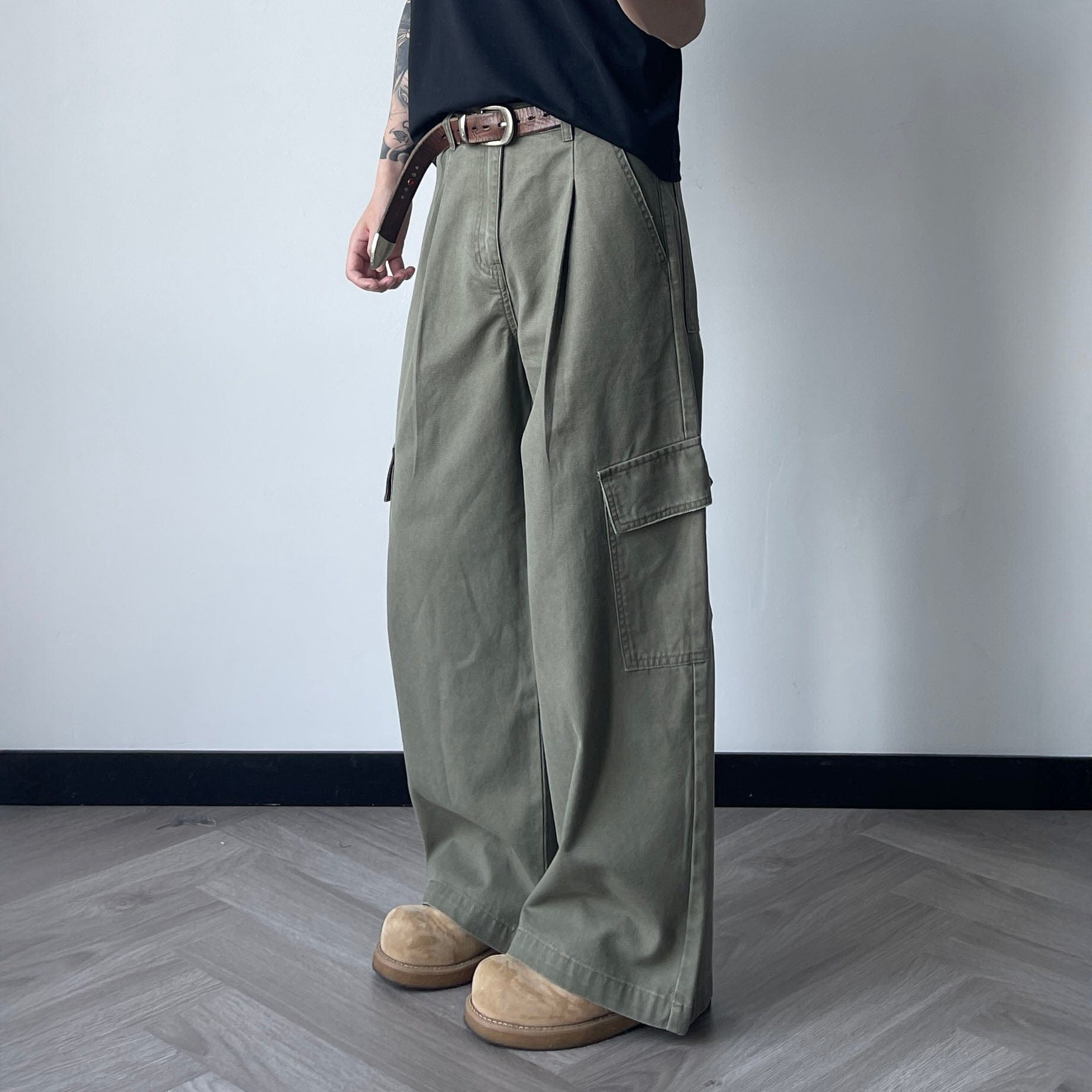 OKAYTHXBYE Pleated Utility Baggy Cargo Pants-Pants-Black-S-Free Shipping Leatheretro