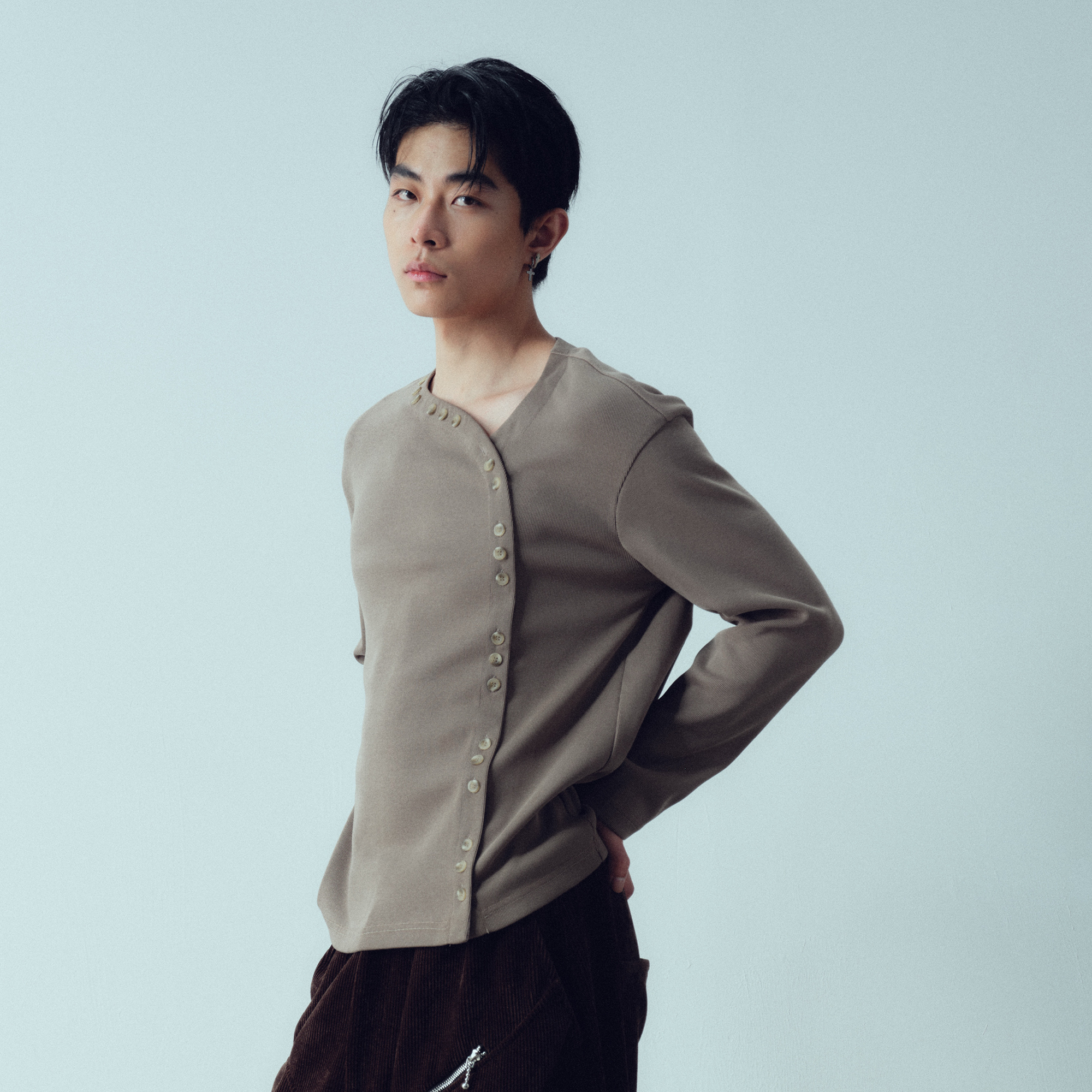 KADAKADA Buttoned Curved Placket Ribbed Knit Top-Sweater-M-Brown-Free Shipping Leatheretro