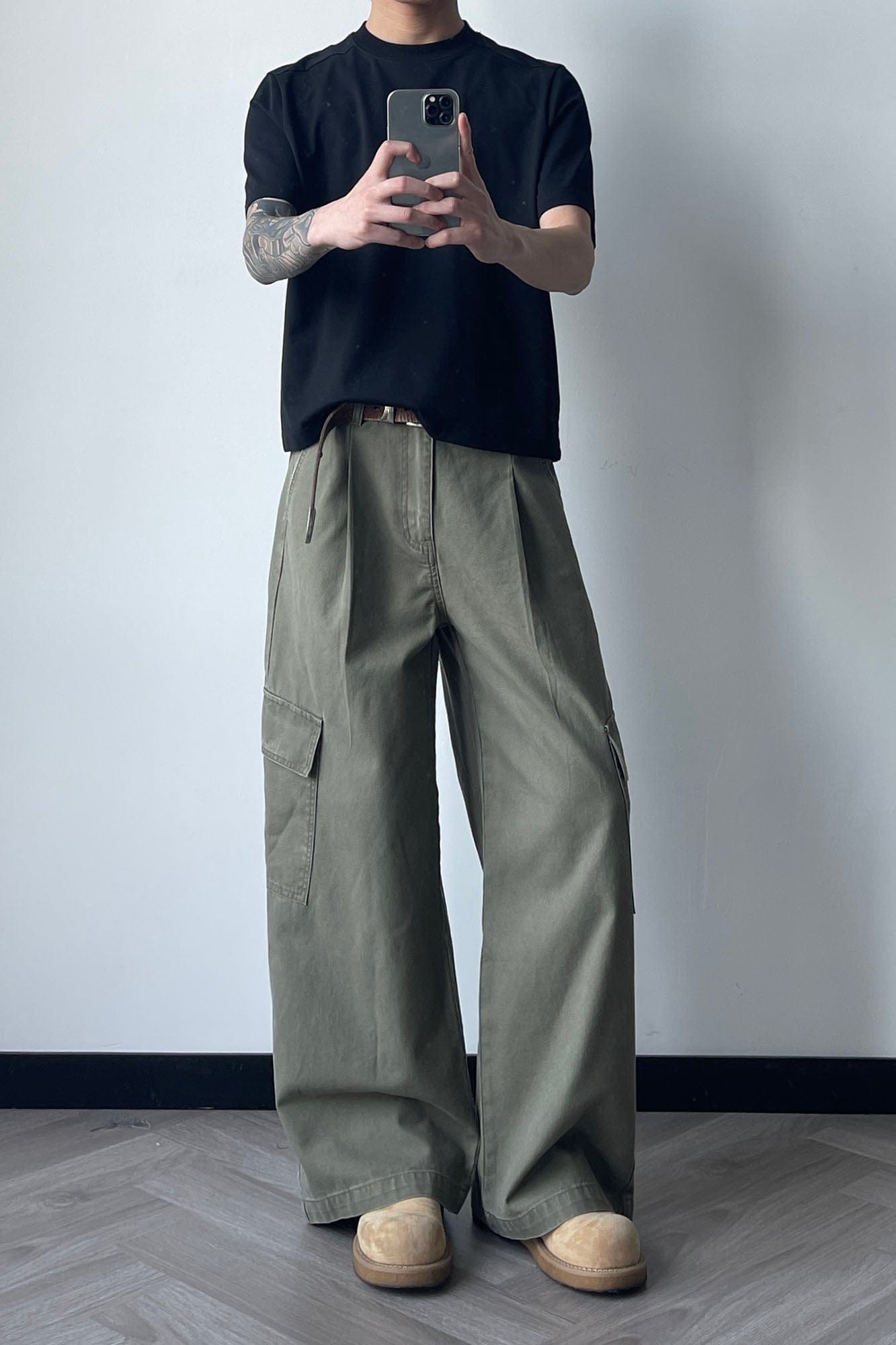 OKAYTHXBYE Pleated Utility Baggy Cargo Pants-Pants-Black-S-Free Shipping Leatheretro
