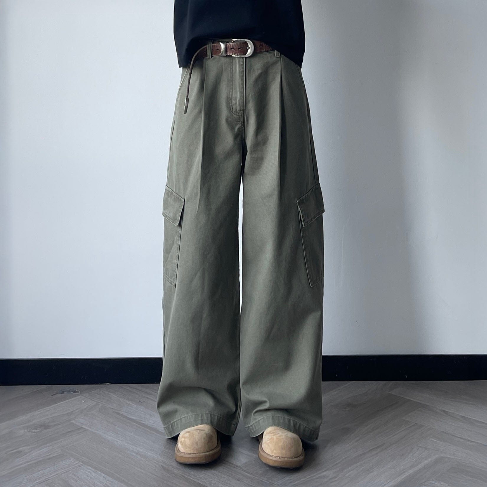 OKAYTHXBYE Pleated Utility Baggy Cargo Pants-Pants-Green-S-Free Shipping Leatheretro