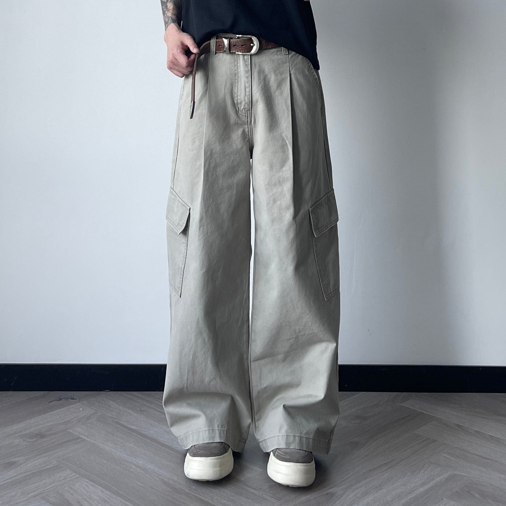 OKAYTHXBYE Pleated Utility Baggy Cargo Pants-Pants-Beige-S-Free Shipping Leatheretro