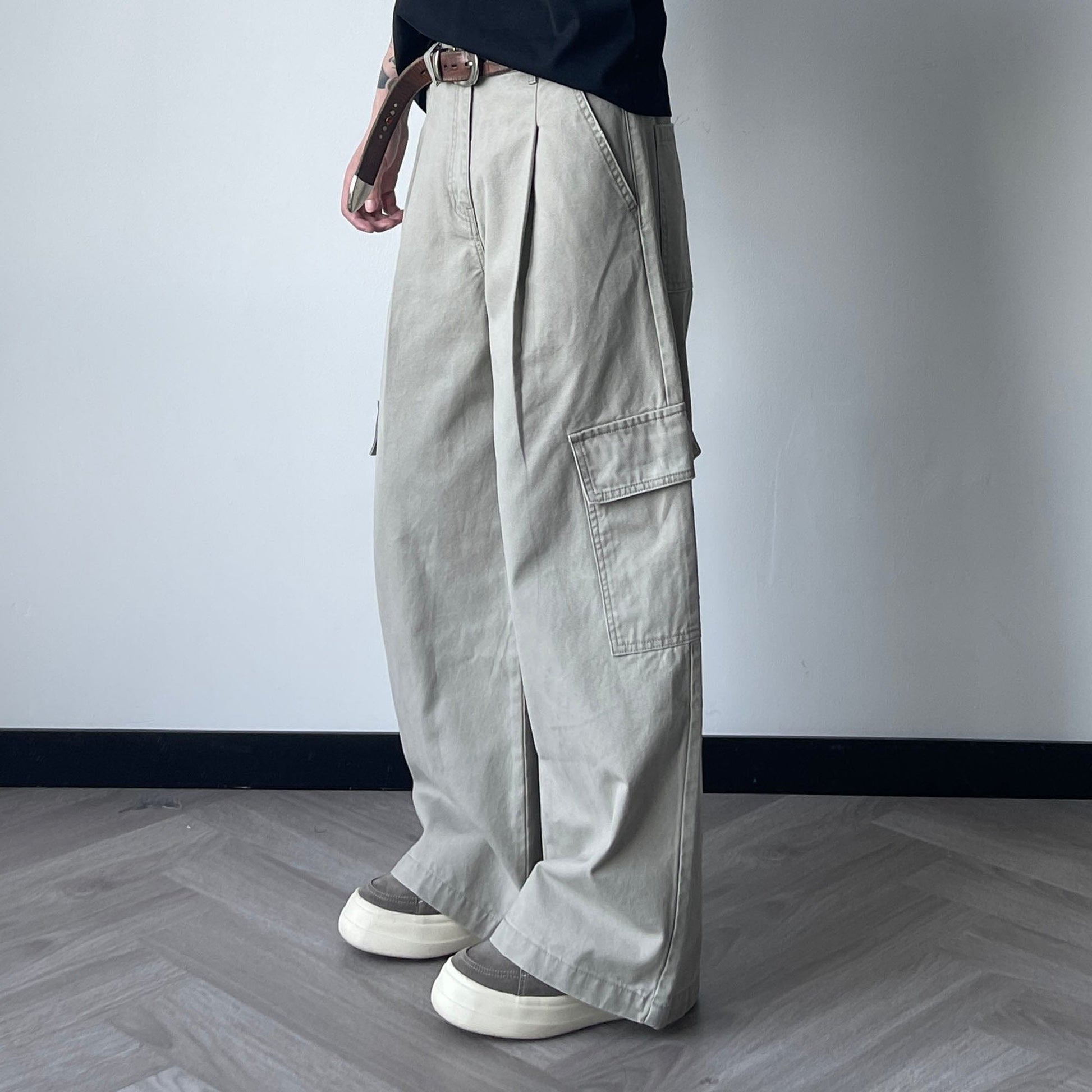 OKAYTHXBYE Pleated Utility Baggy Cargo Pants-Pants-Black-S-Free Shipping Leatheretro