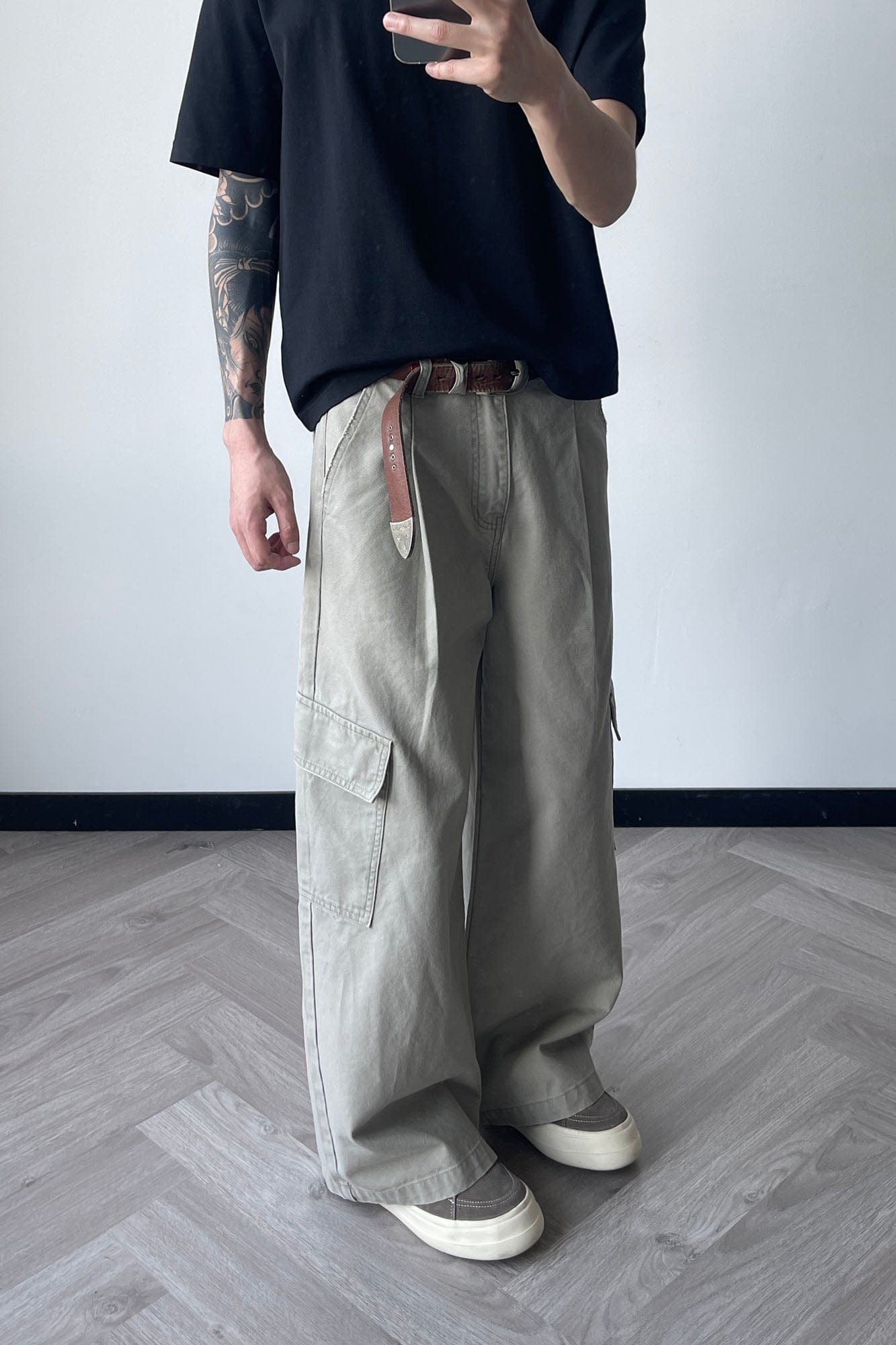OKAYTHXBYE Pleated Utility Baggy Cargo Pants-Pants-Black-S-Free Shipping Leatheretro