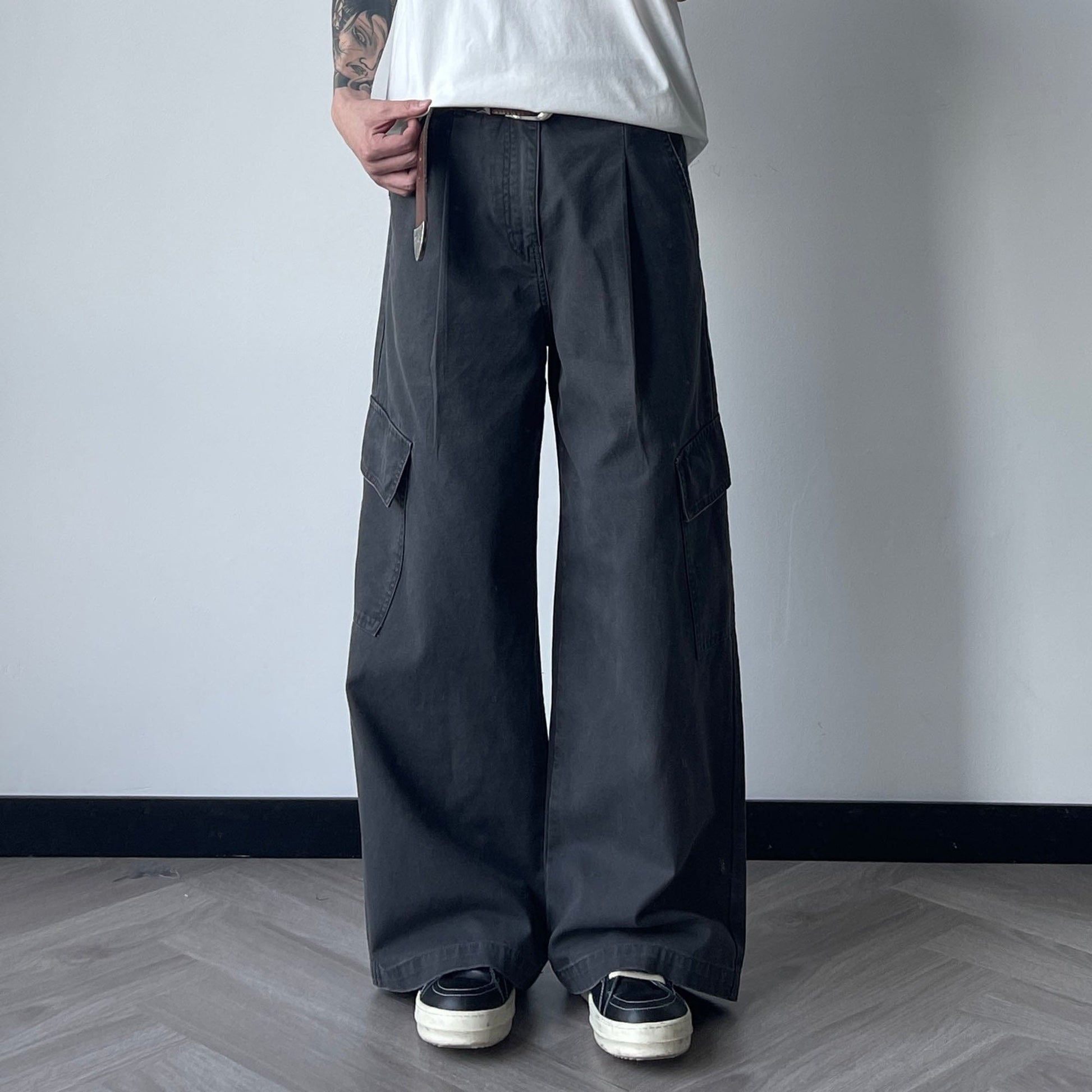 OKAYTHXBYE Pleated Utility Baggy Cargo Pants-Pants-Black-S-Free Shipping Leatheretro