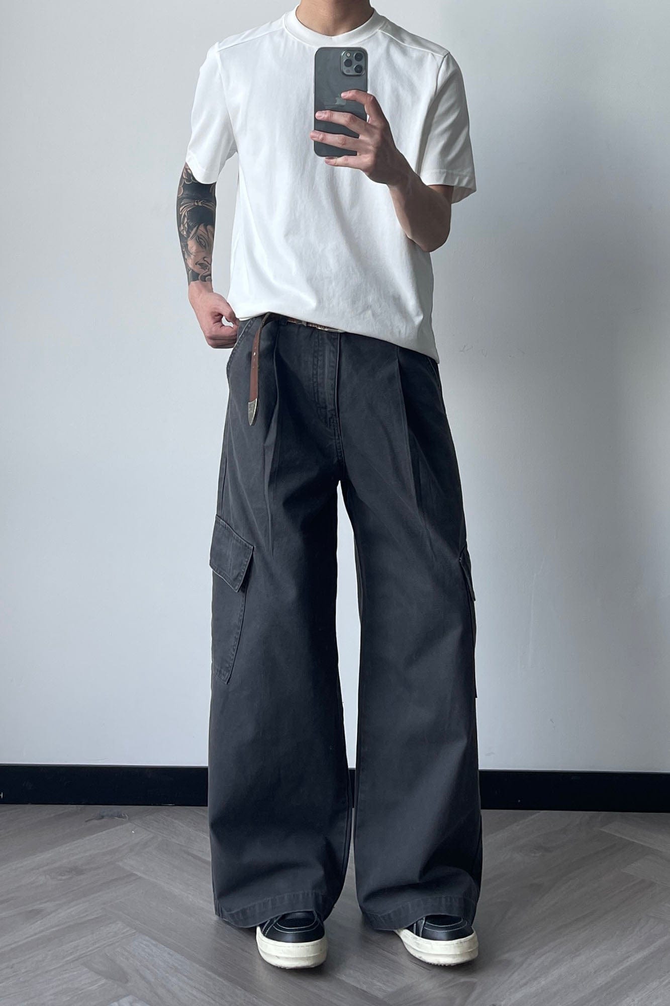 OKAYTHXBYE Pleated Utility Baggy Cargo Pants-Pants-Black-S-Free Shipping Leatheretro