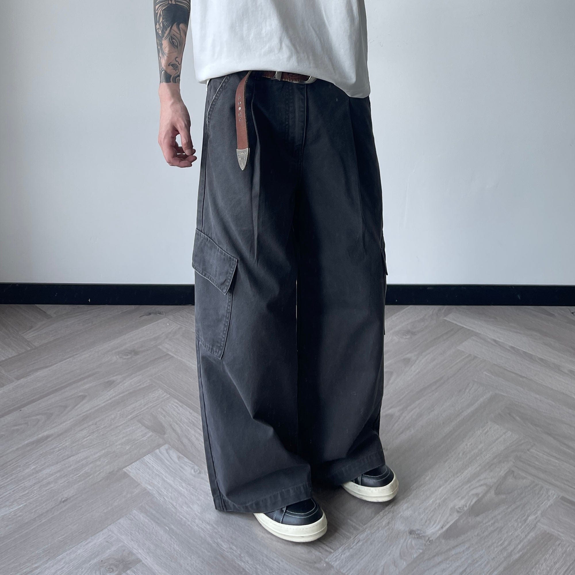 OKAYTHXBYE Pleated Utility Baggy Cargo Pants-Pants-Black-S-Free Shipping Leatheretro