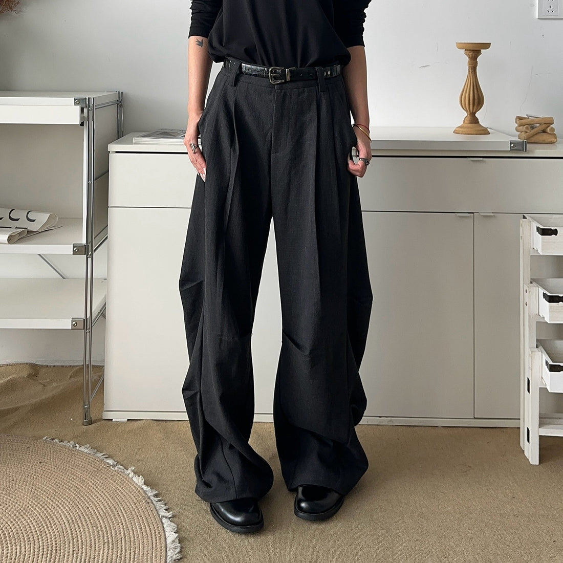 OKAYTHXBYE Geometric Multi-Pleated Trousers-Pants-S-Black-Free Shipping Leatheretro