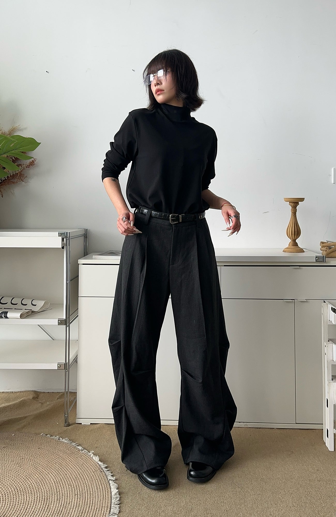 OKAYTHXBYE Geometric Multi-Pleated Trousers-Pants-S-Black-Free Shipping Leatheretro