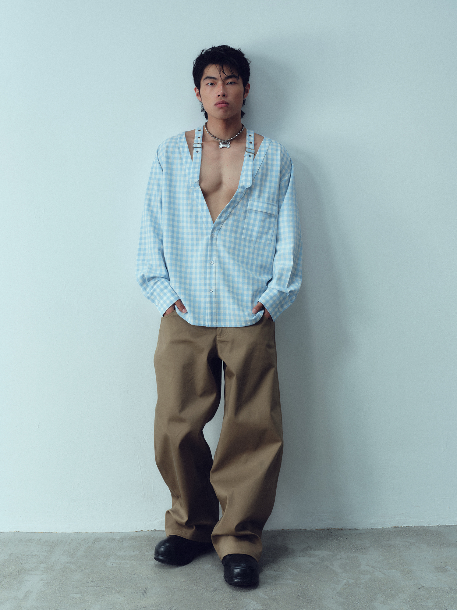 KADAKADA Gingham V-Neck Tie-Strap Oversized Shirt-Shirt-M (Preorder)-Free Shipping Leatheretro